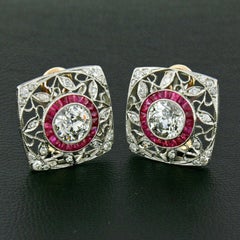 Art Deco Platinum 3.57 Carat GIA European Diamond and Ruby Filigree Earrings