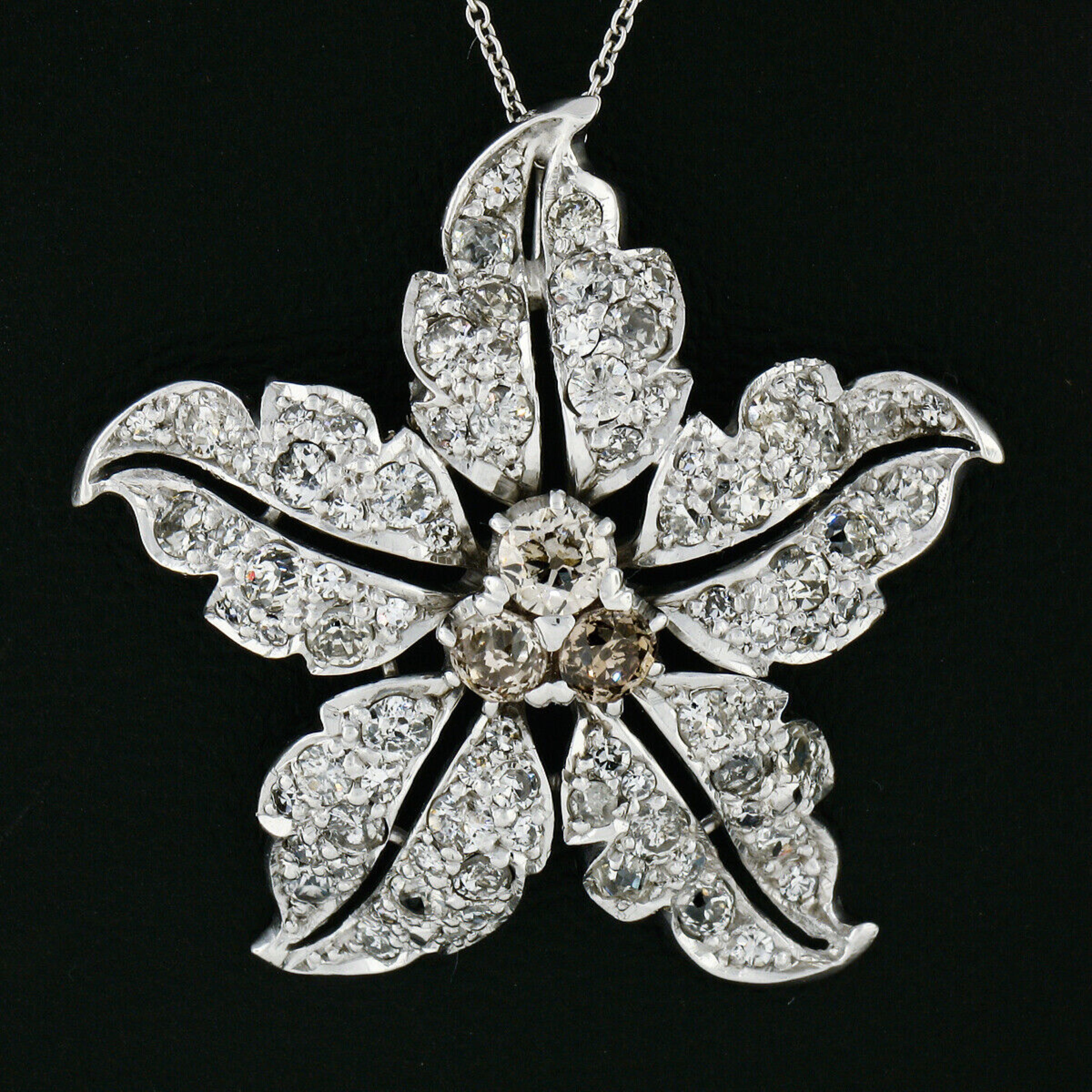 Antique Art Deco Platinum 3.5ct Fancy Brown European Diamond Flower Leaf Pendant 1