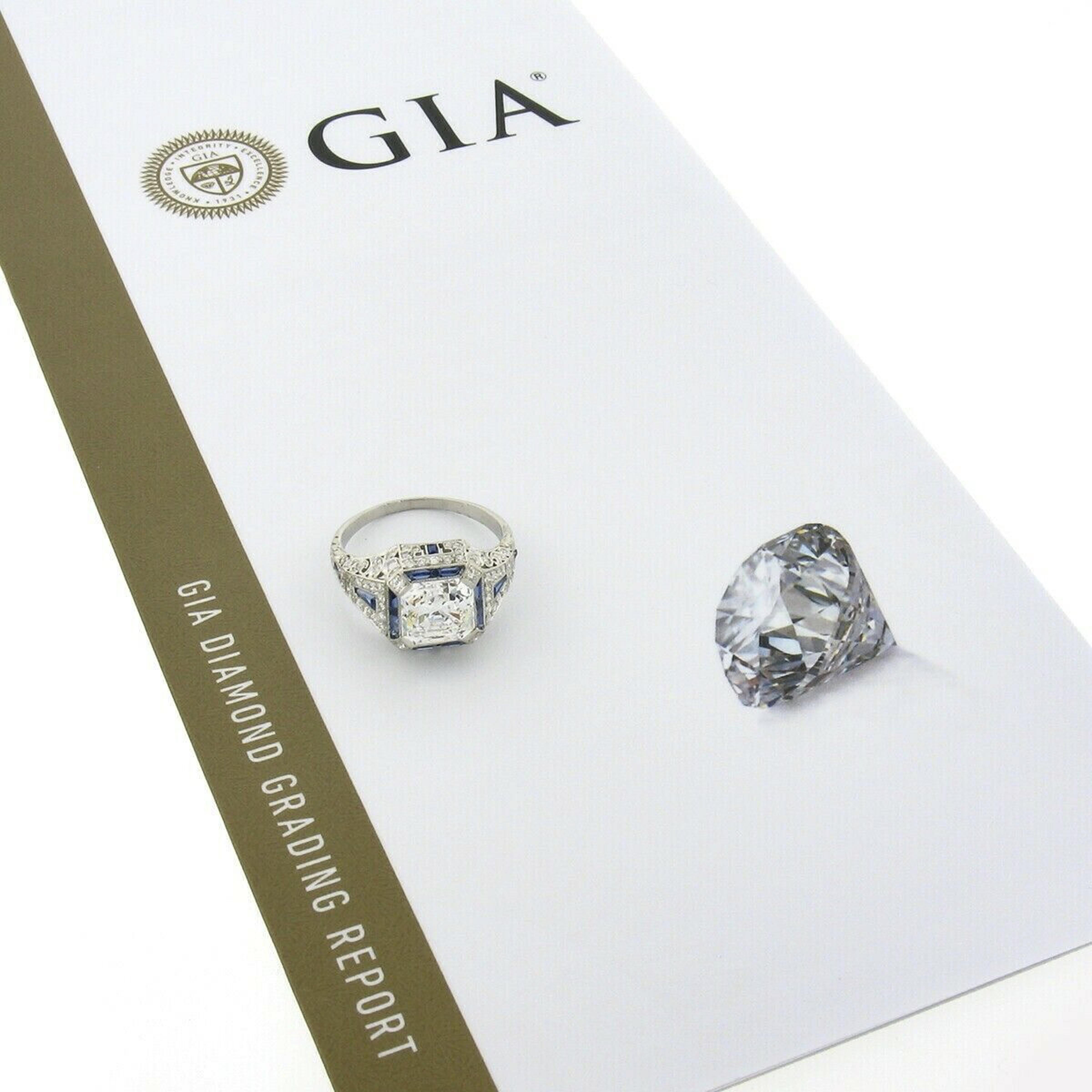 Antique Art Deco Platinum 3.68ctw GIA Asscher Diamond & Sapphire Engagement Ring For Sale 3