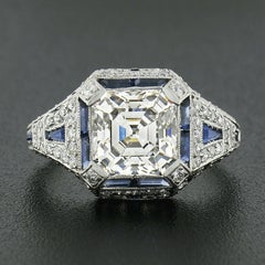 Antique Art Deco Platinum 3.68ctw GIA Asscher Diamond & Sapphire Engagement Ring