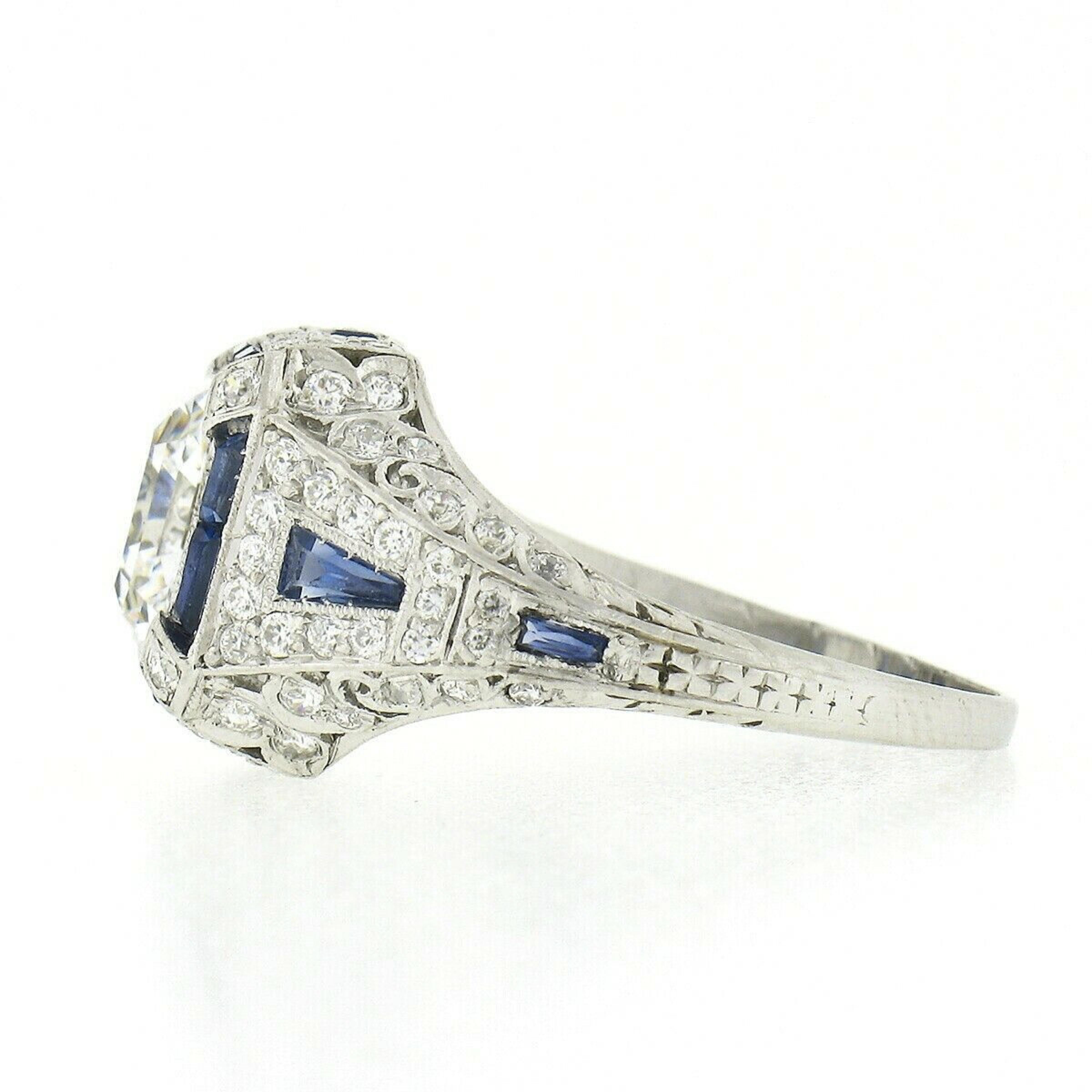 Square Cut Antique Art Deco Platinum 3.68ctw GIA Asscher Diamond & Sapphire Engagement Ring For Sale