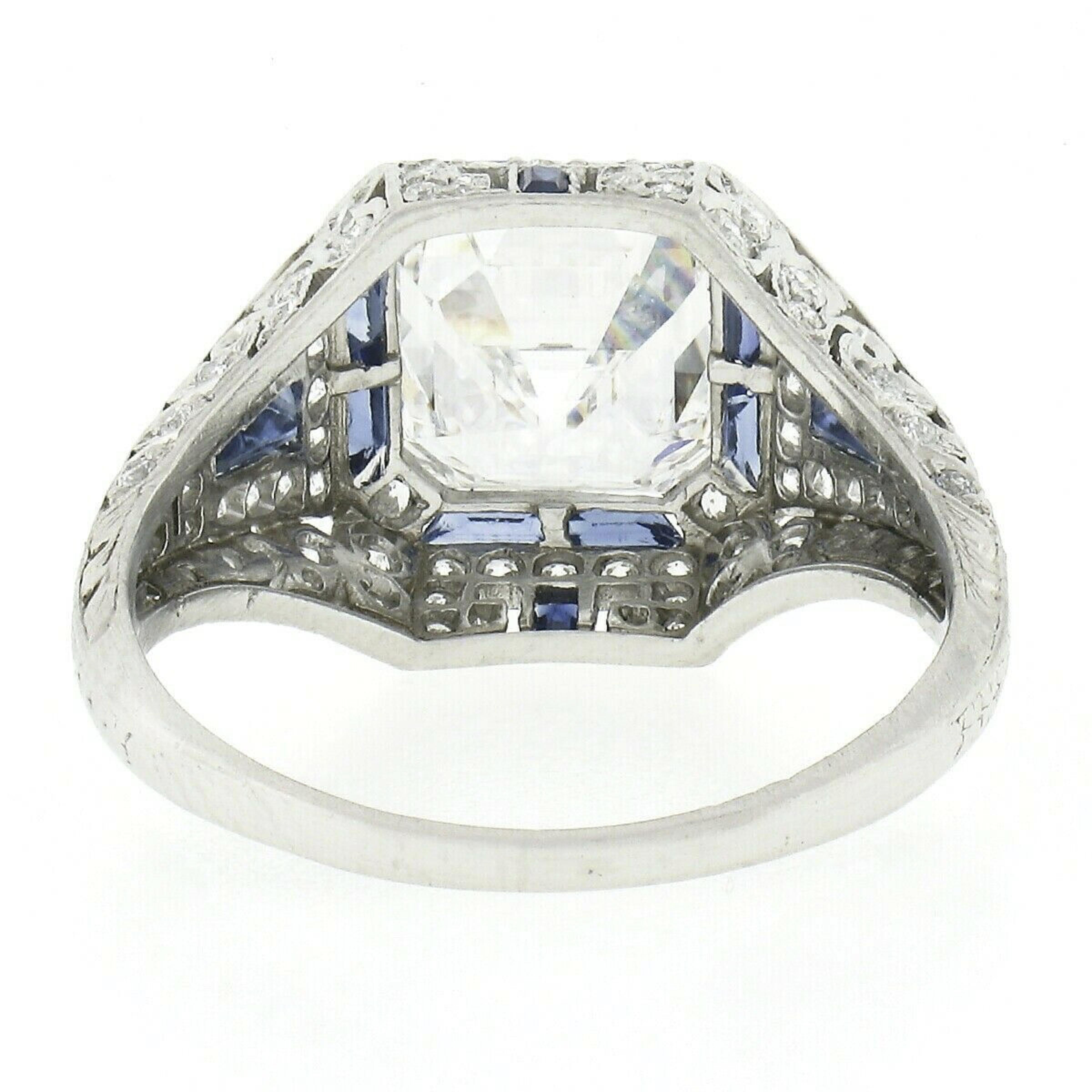 Women's Antique Art Deco Platinum 3.68ctw GIA Asscher Diamond & Sapphire Engagement Ring For Sale