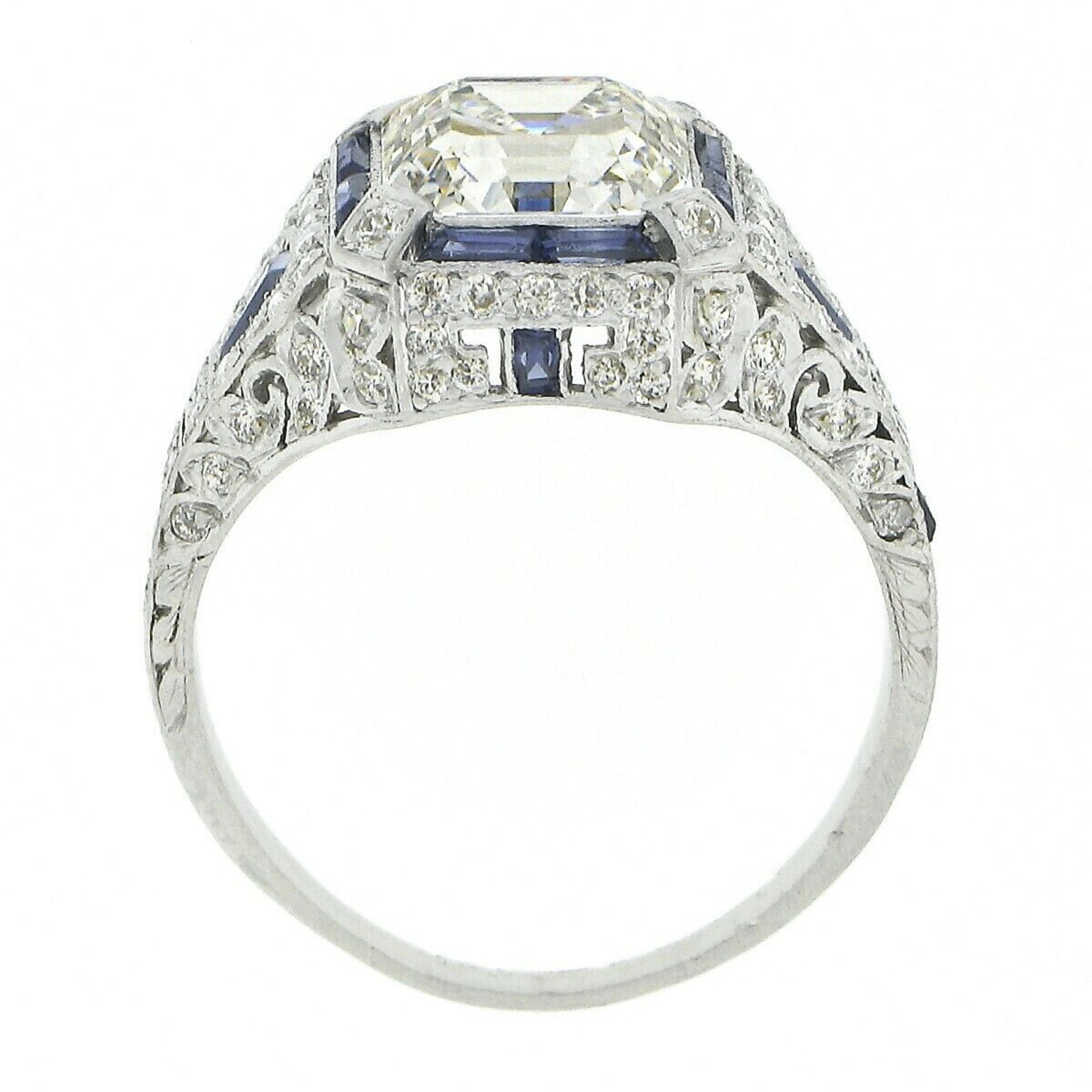 Antique Art Deco Platinum 3.68ctw GIA Asscher Diamond & Sapphire Engagement Ring For Sale 1