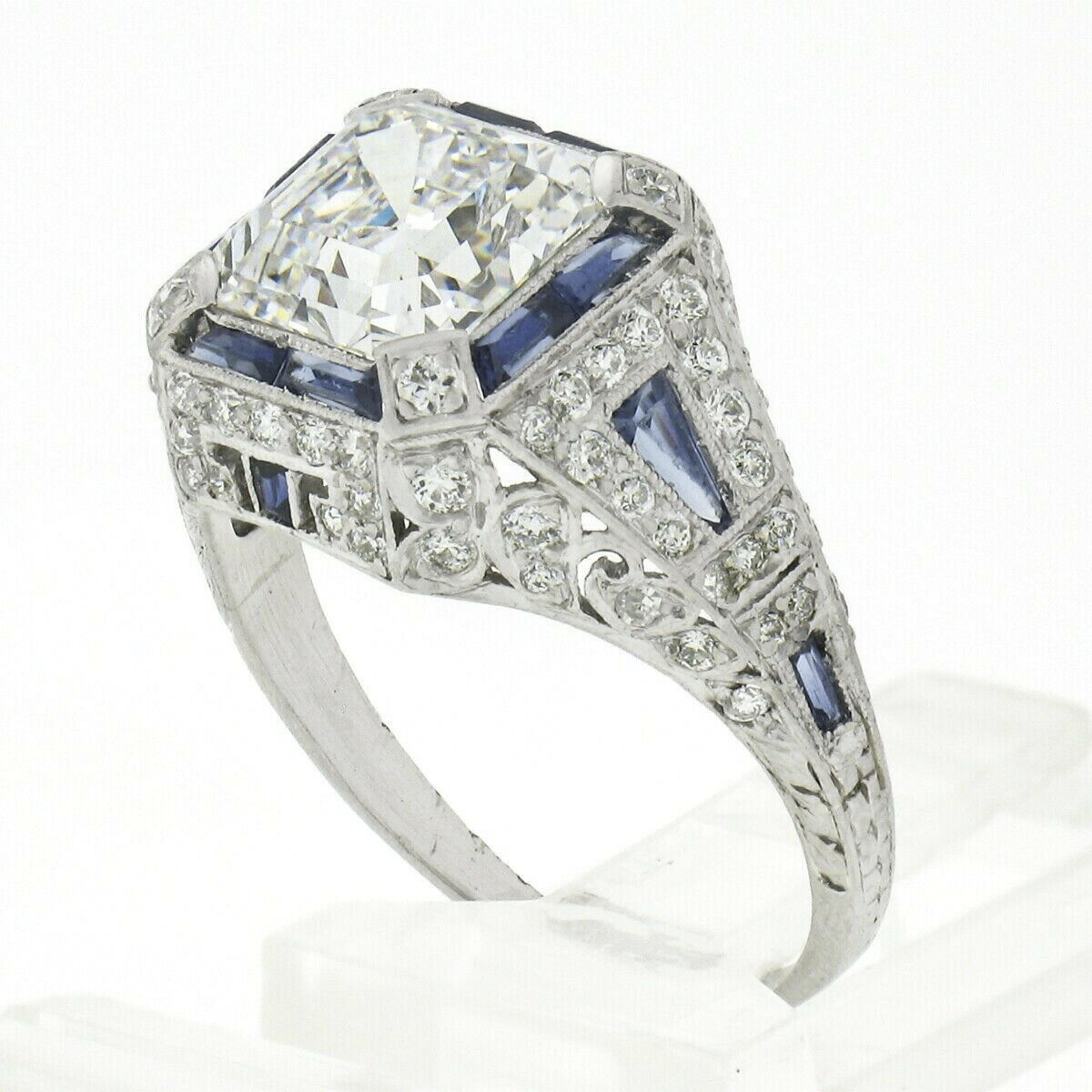 Antique Art Deco Platinum 3.68ctw GIA Asscher Diamond & Sapphire Engagement Ring For Sale 2