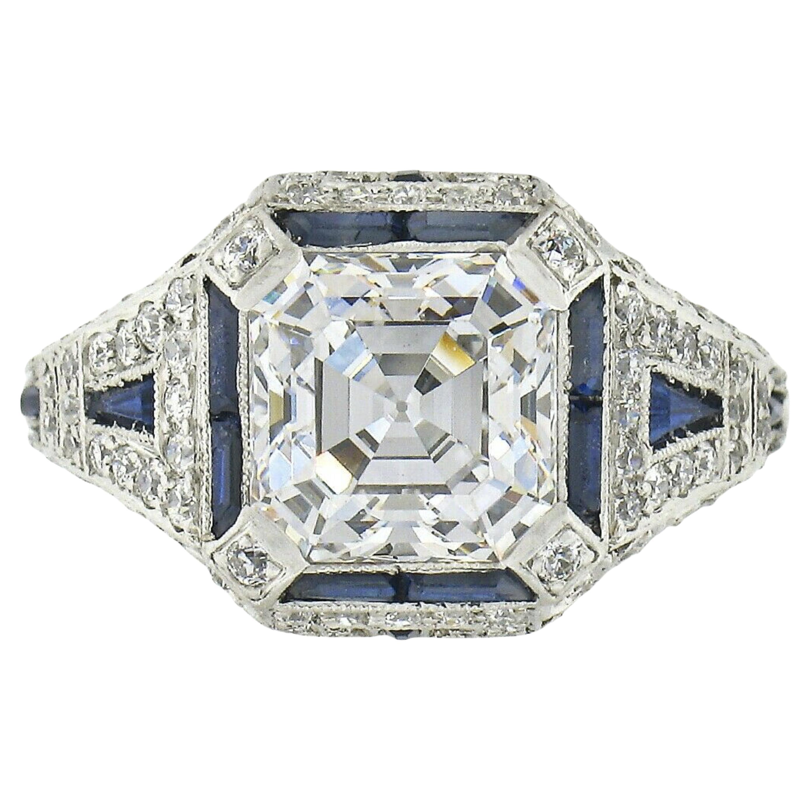 Antique Art Deco Platinum 3.68ctw GIA Asscher Diamond & Sapphire Engagement Ring For Sale