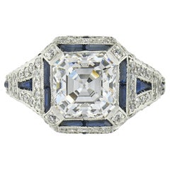 Antiker antiker Art Deco Platin Verlobungsring mit 3,68ctw GIA Asscher Diamant & Saphir