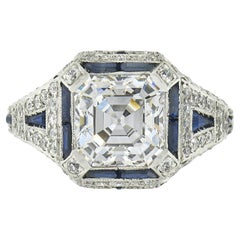 Bague de fiançailles Art déco ancienne en platine avec diamants et saphir Asscher de 3,68 carats certifiés GIA