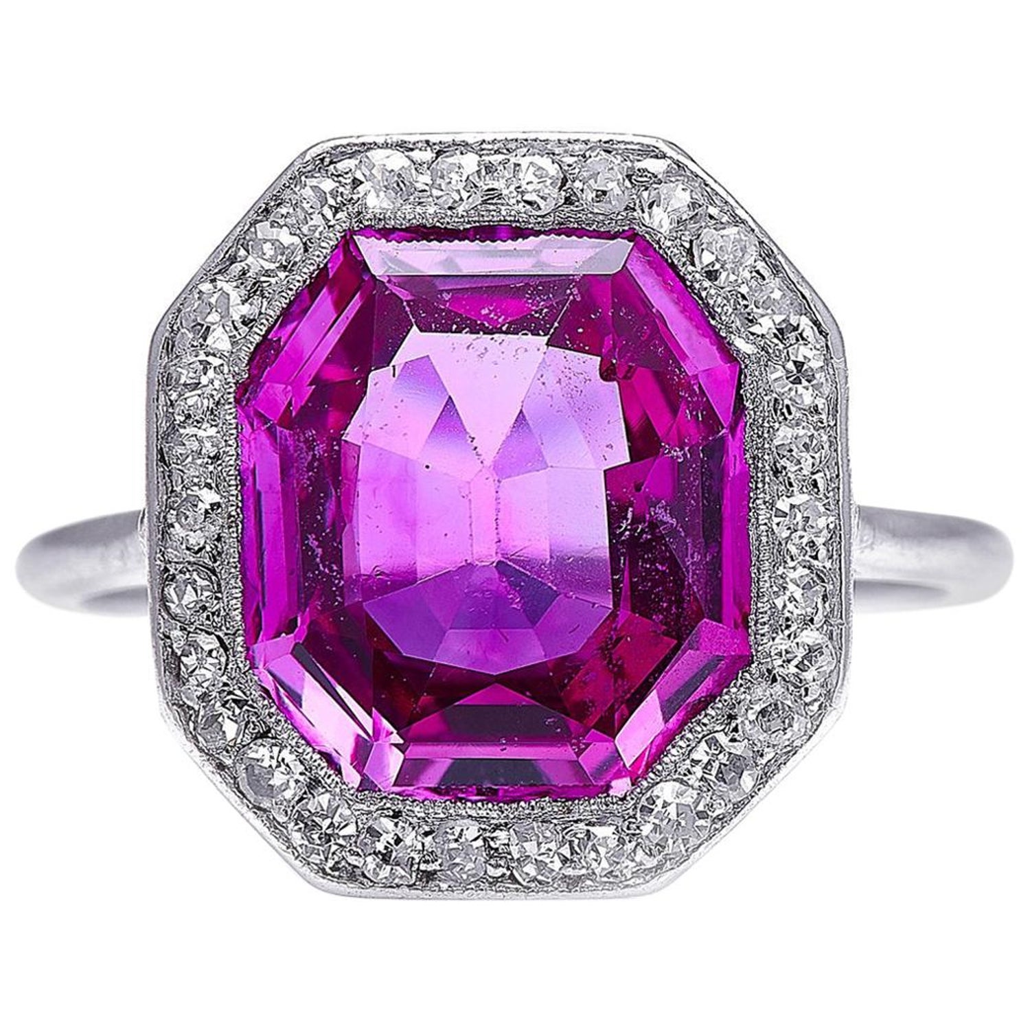 Antique, Art Deco, Platinum, 4 Carat Burmese Pink Sapphire and Diamond Ring  For Sale at 1stDibs
