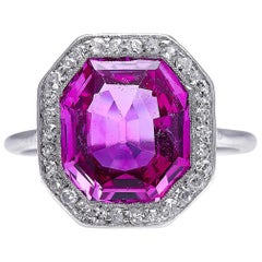Antique, Art Deco, Platinum, 4 Carat Burmese Pink Sapphire and Diamond Ring