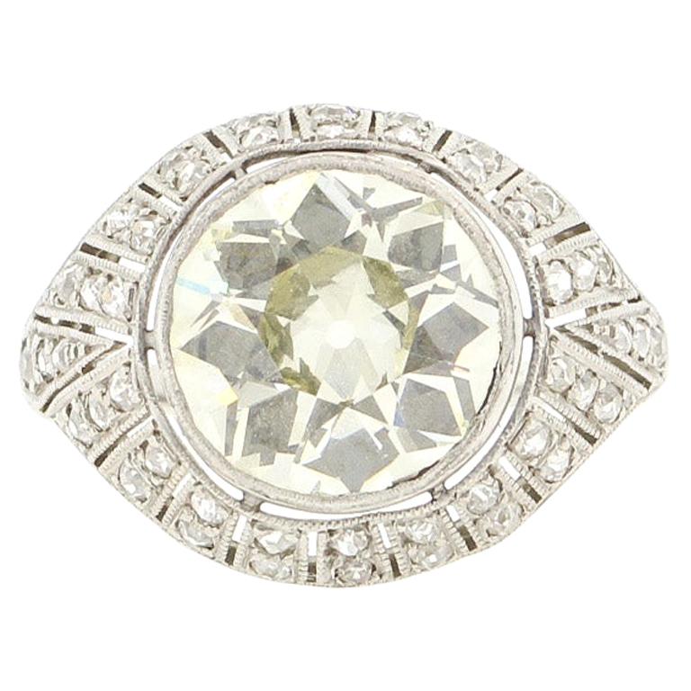Antique Art Deco Platinum 4 Carat Old European Cut Diamond Ring