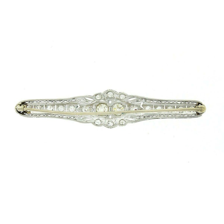 Old European Cut Antique Art Deco Platinum 4.04ctw Old European Diamond Filigree Bar Pin Brooch For Sale