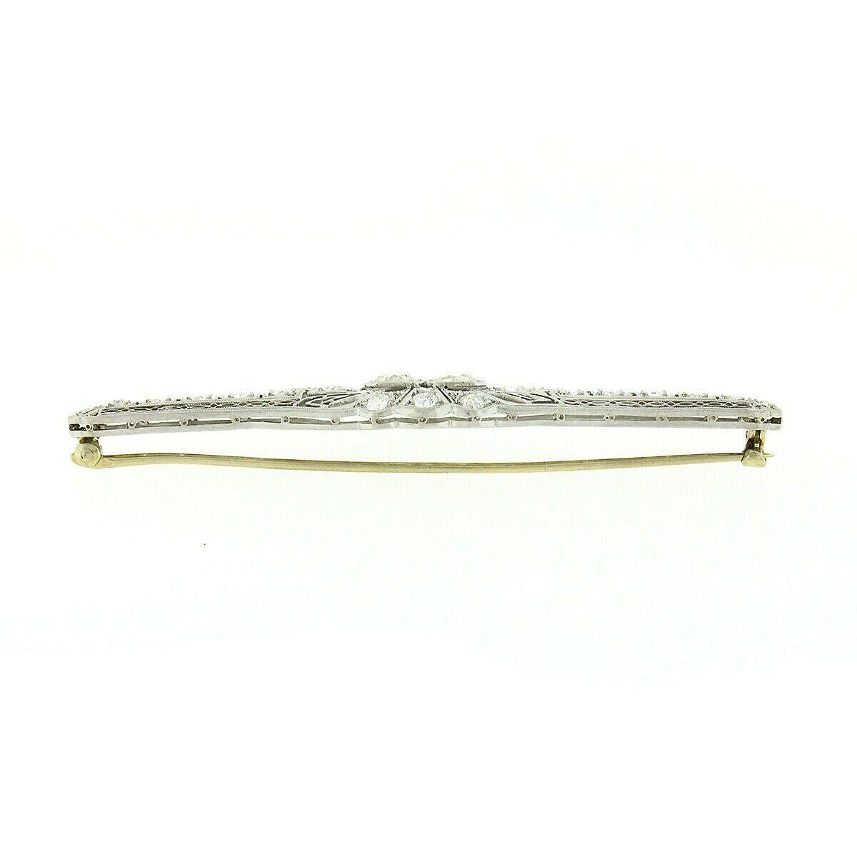 Broche épingle à barre en filigrane Art déco ancienne en platine avec diamants européens anciens de 4,04 carats Unisexe en vente