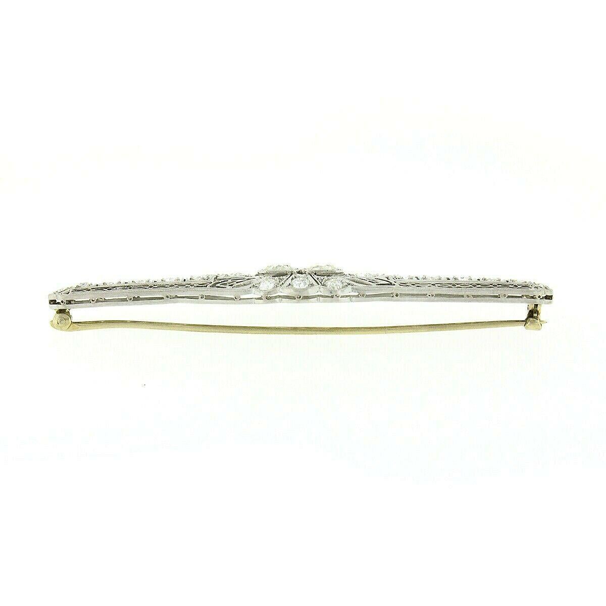 Women's or Men's Antique Art Deco Platinum 4.04ctw Old European Diamond Filigree Bar Pin Brooch For Sale