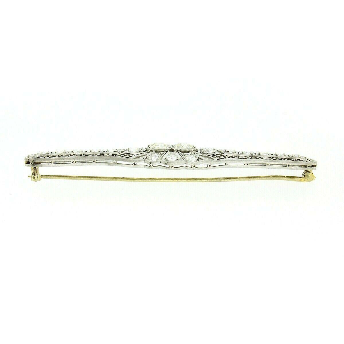 Antique Art Deco Platinum 4.04ctw Old European Diamond Filigree Bar Pin Brooch For Sale 1