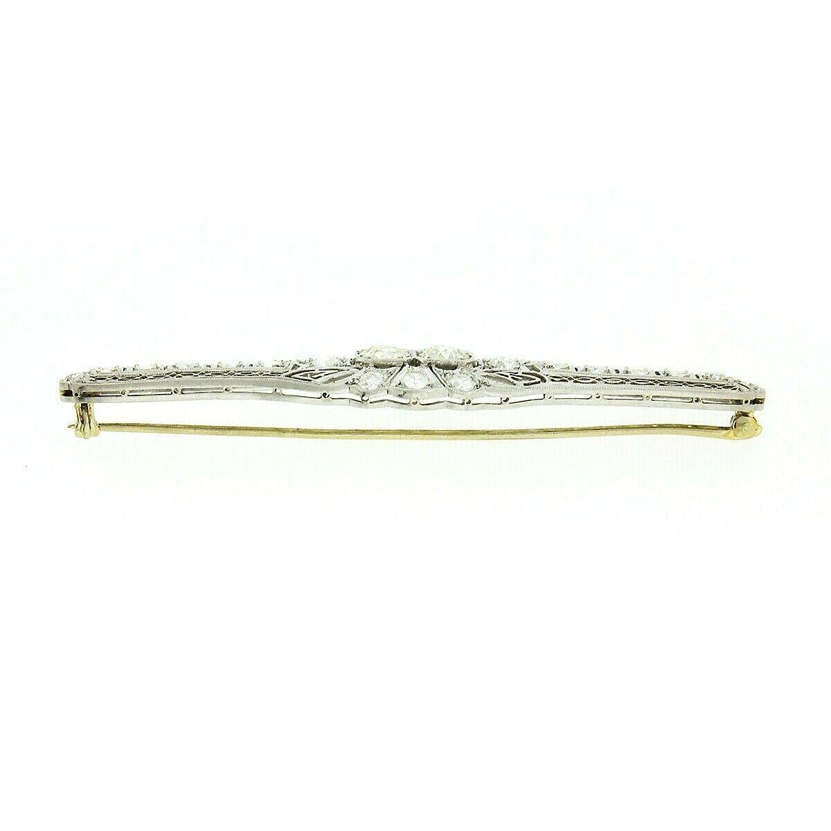 Broche épingle à barre en filigrane Art déco ancienne en platine avec diamants européens anciens de 4,04 carats en vente 1