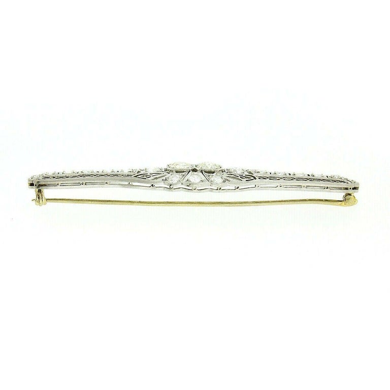 Antique Art Deco Platinum 4.04ctw Old European Diamond Filigree Bar Pin Brooch For Sale 1