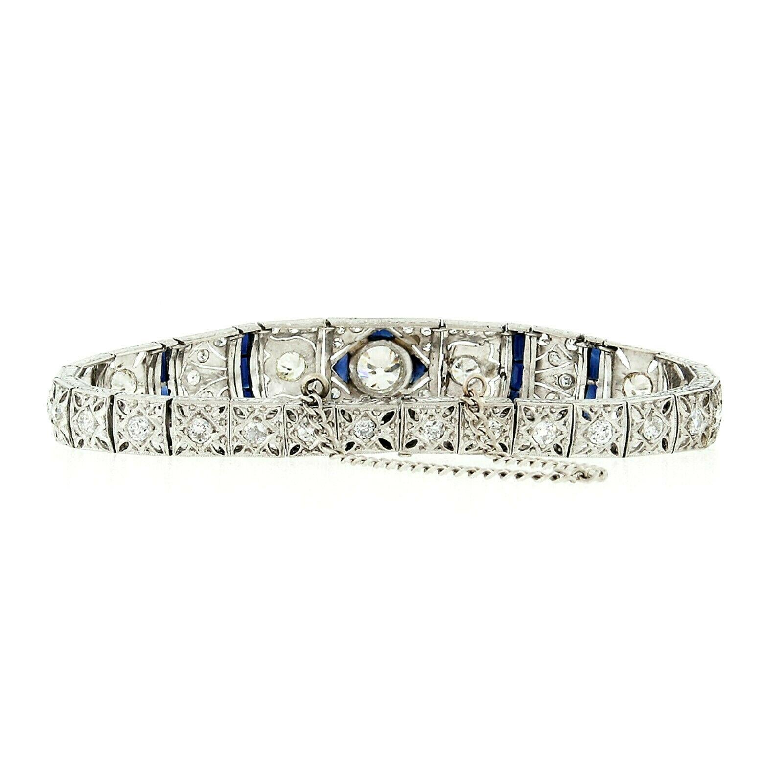 Antique Art Deco Platinum 4.18ctw GIA Diamond Sapphire Etched Filigree Bracelet In Good Condition For Sale In Montclair, NJ