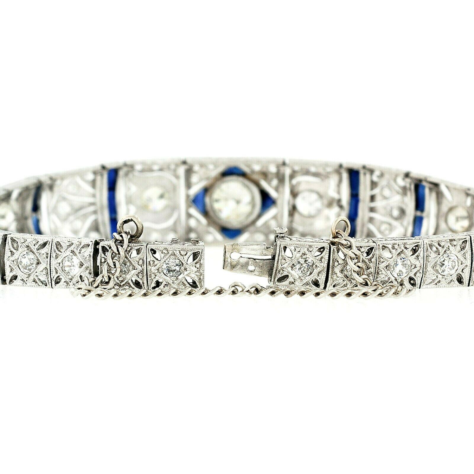 Women's Antique Art Deco Platinum 4.18ctw GIA Diamond Sapphire Etched Filigree Bracelet For Sale