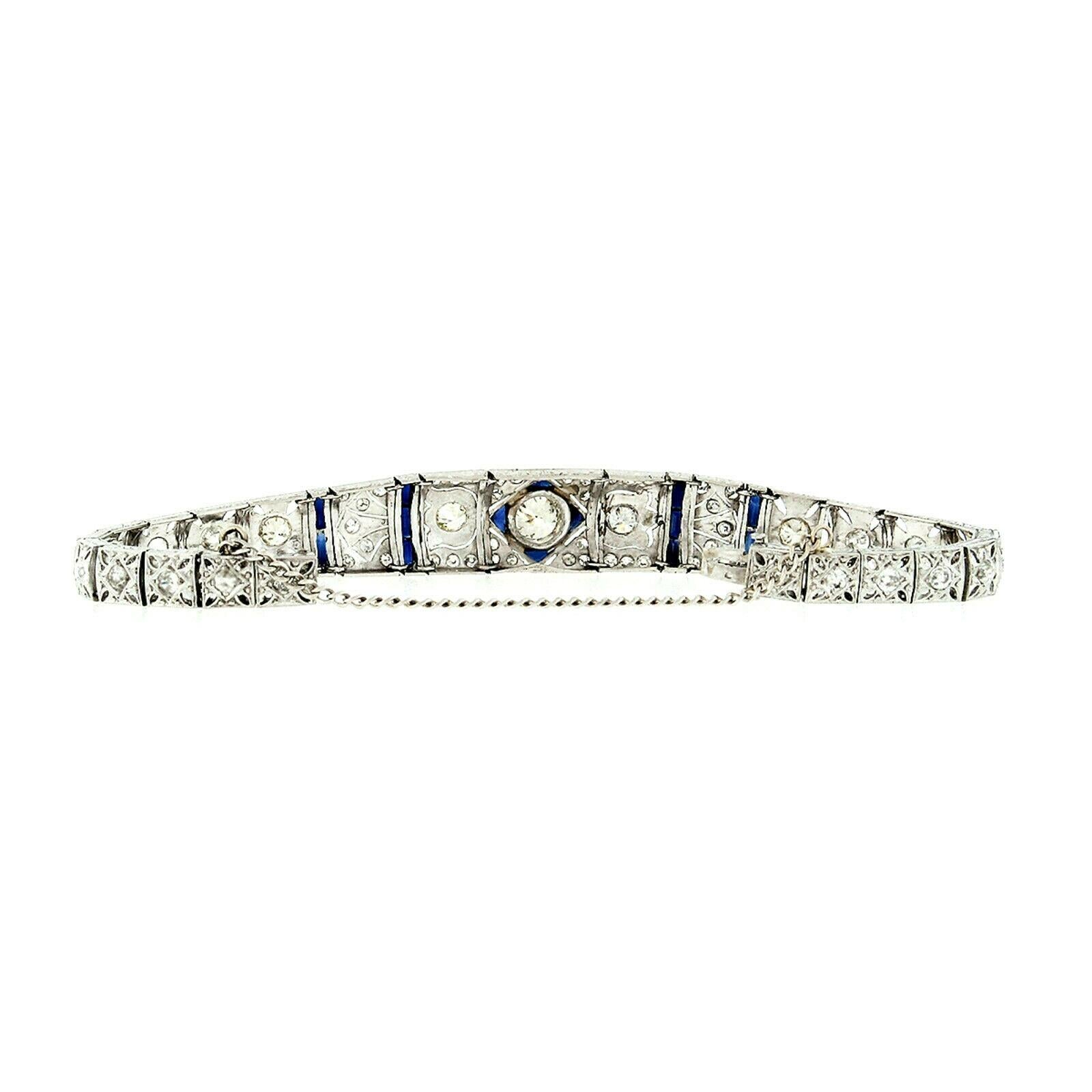 Antique Art Deco Platinum 4.18ctw GIA Diamond Sapphire Etched Filigree Bracelet For Sale 1