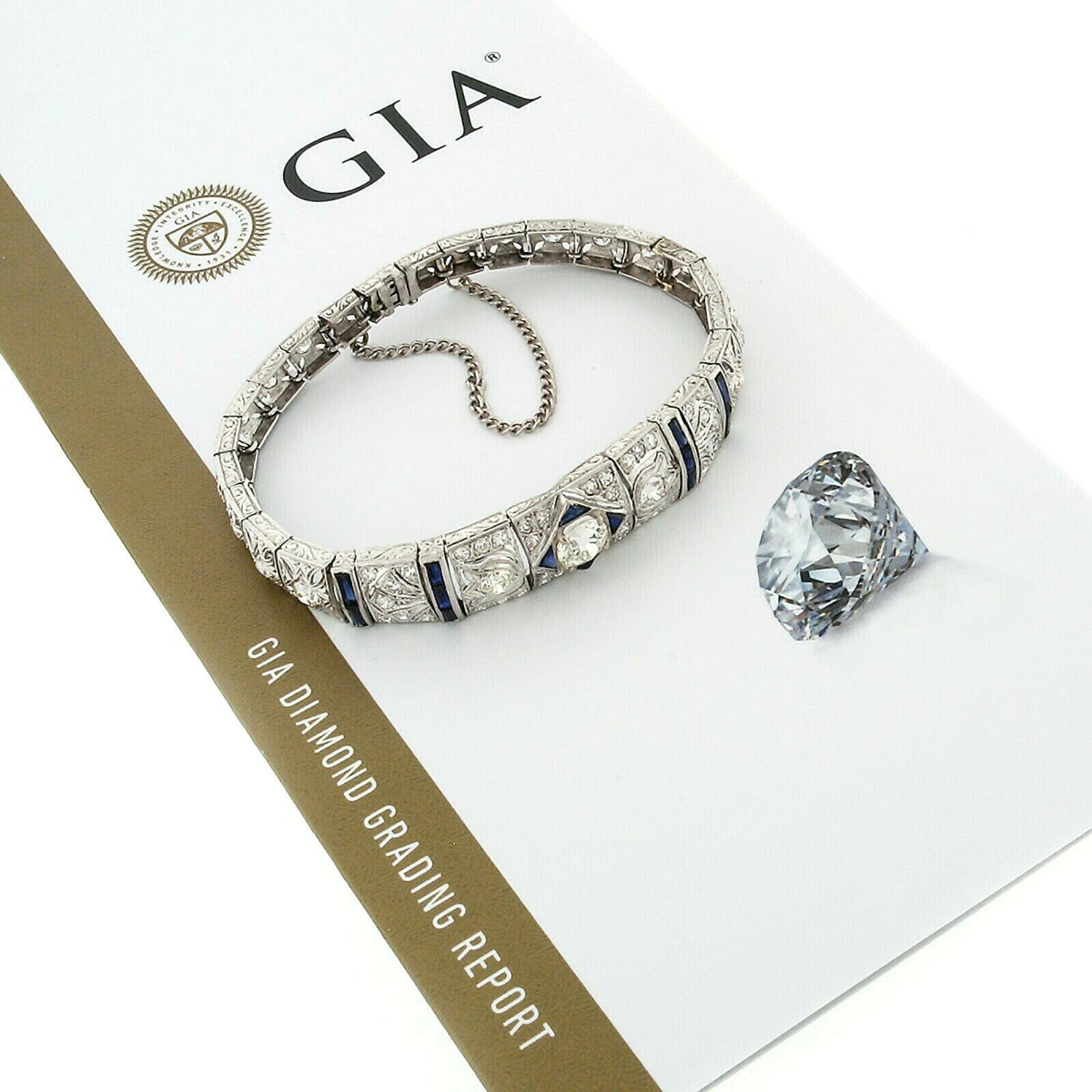 Antique Art Deco Platinum 4.18ctw GIA Diamond Sapphire Etched Filigree Bracelet For Sale 2