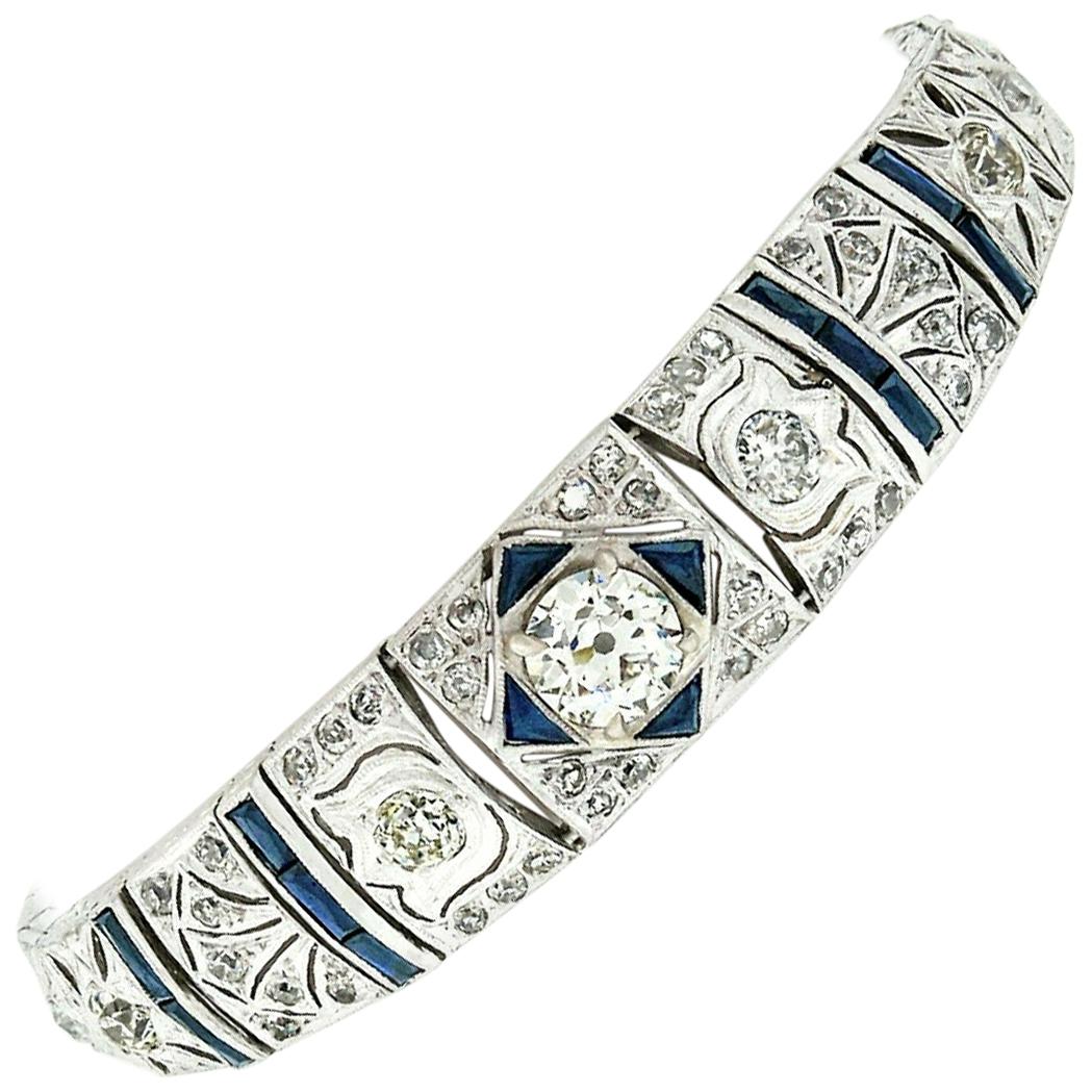 Antique Art Deco Platinum 4.18ctw GIA Diamond Sapphire Etched Filigree Bracelet For Sale