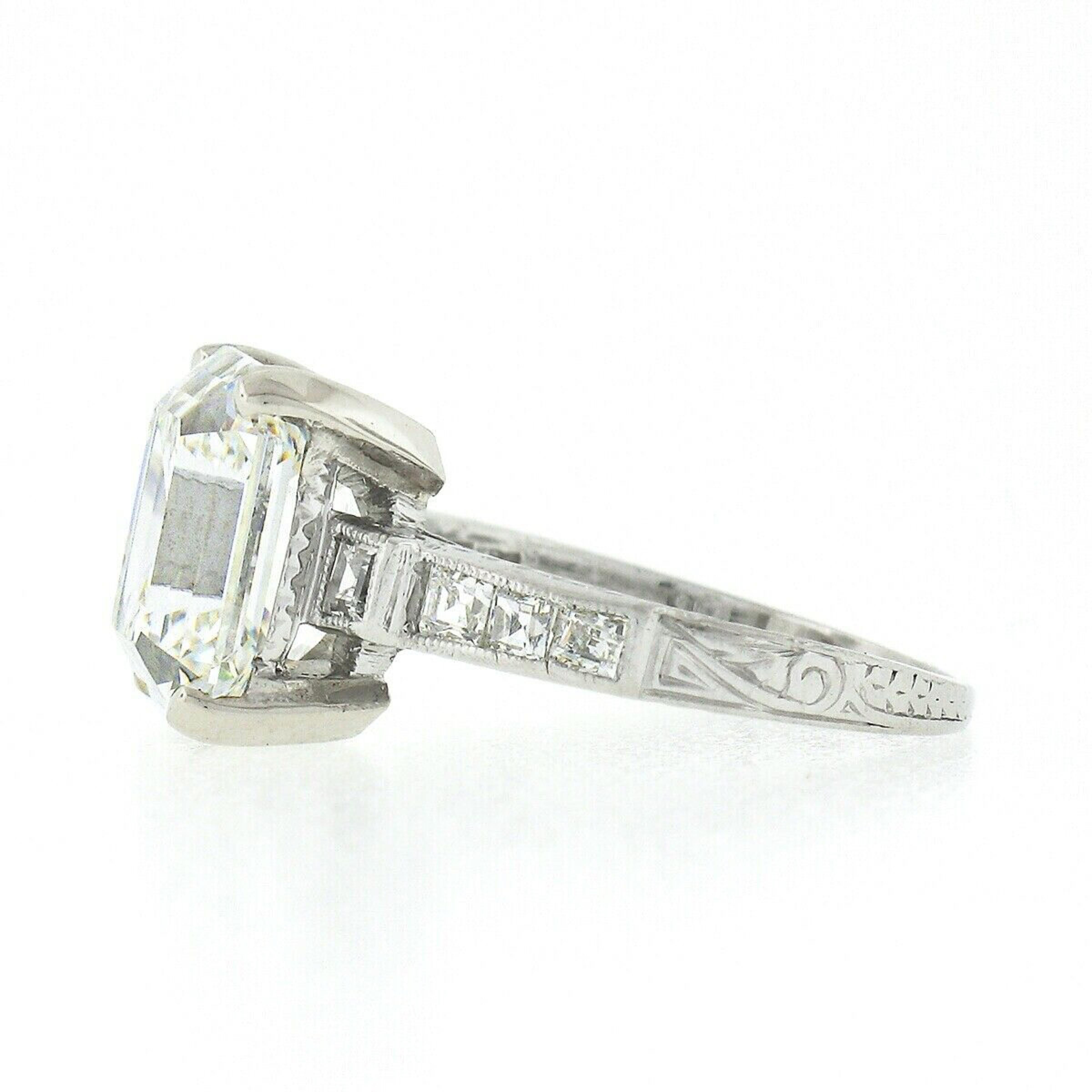 Women's or Men's Antique Art Deco Platinum 4.24ctw GIA Emerald Diamond Solitaire Engagement Ring