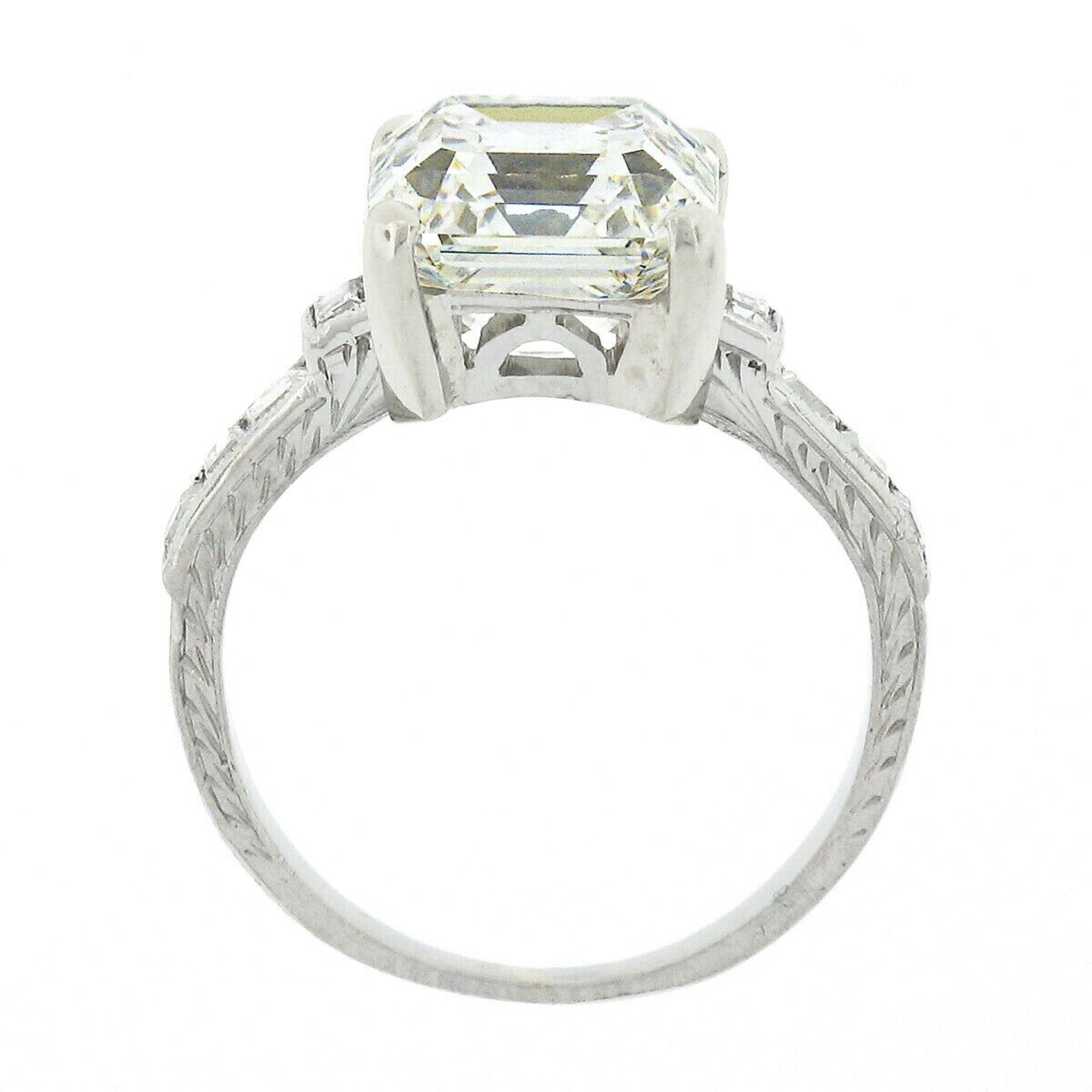 Antique Art Deco Platinum 4.24ctw GIA Emerald Diamond Solitaire Engagement Ring 2
