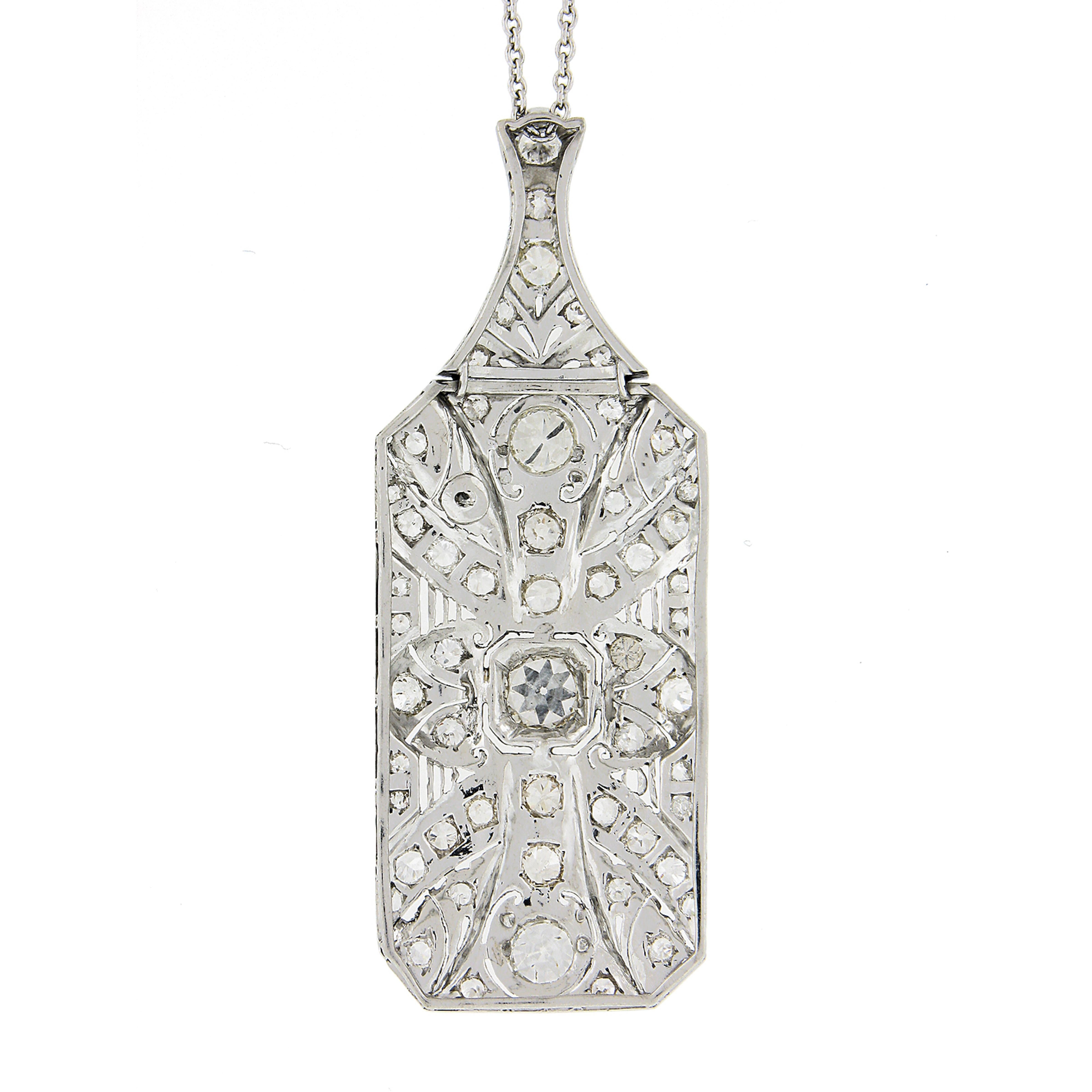 Chaîne pendentif grande table Art déco ancienne en platine avec diamant européen ancien de 4,37 carats en vente 1