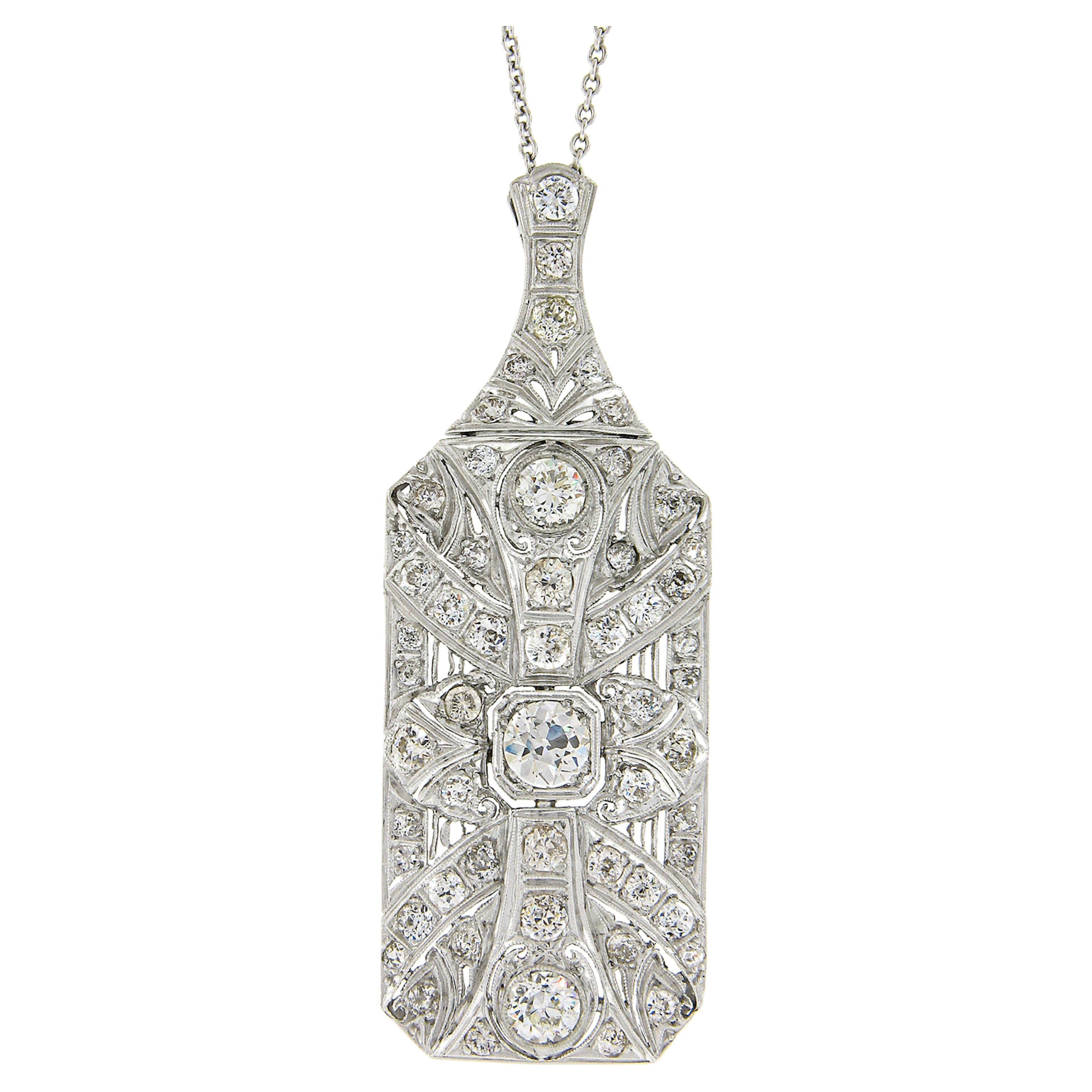 Chaîne pendentif grande table Art déco ancienne en platine avec diamant européen ancien de 4,37 carats en vente