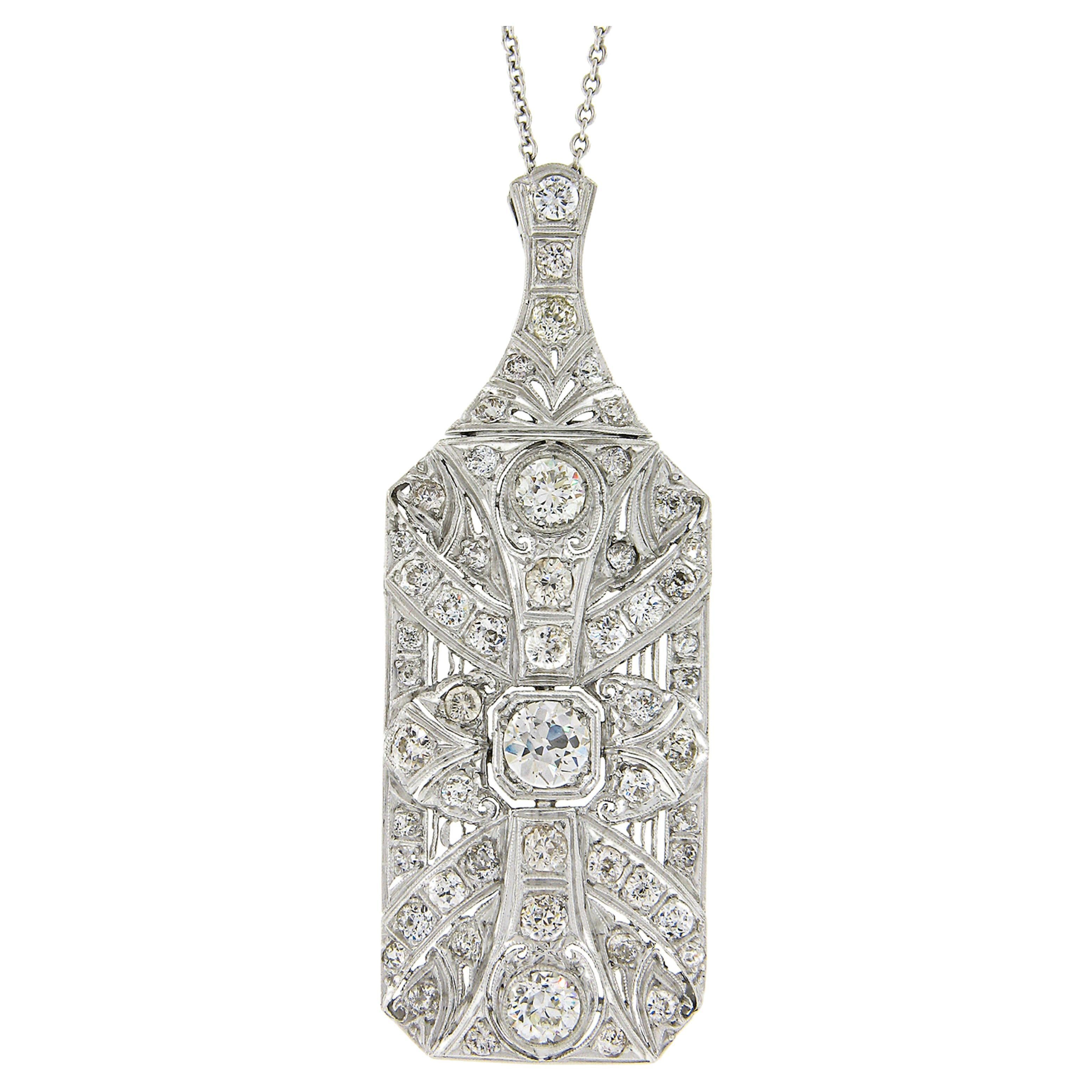 Antique Art Deco Platinum 4.37ct Old European Diamond Large Dinner Pendant Chain