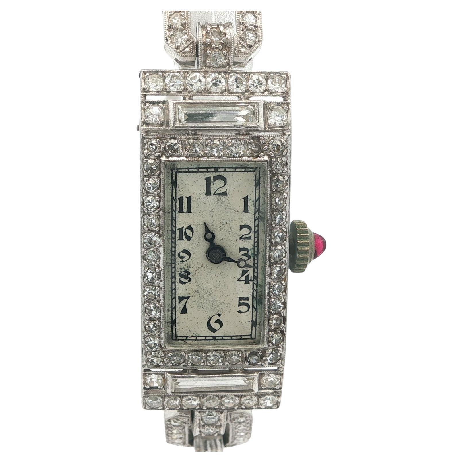 Antique Art Deco Platinum 4.58ctw Round 
Baguette Cut Diamond Watch Bracelet en venta