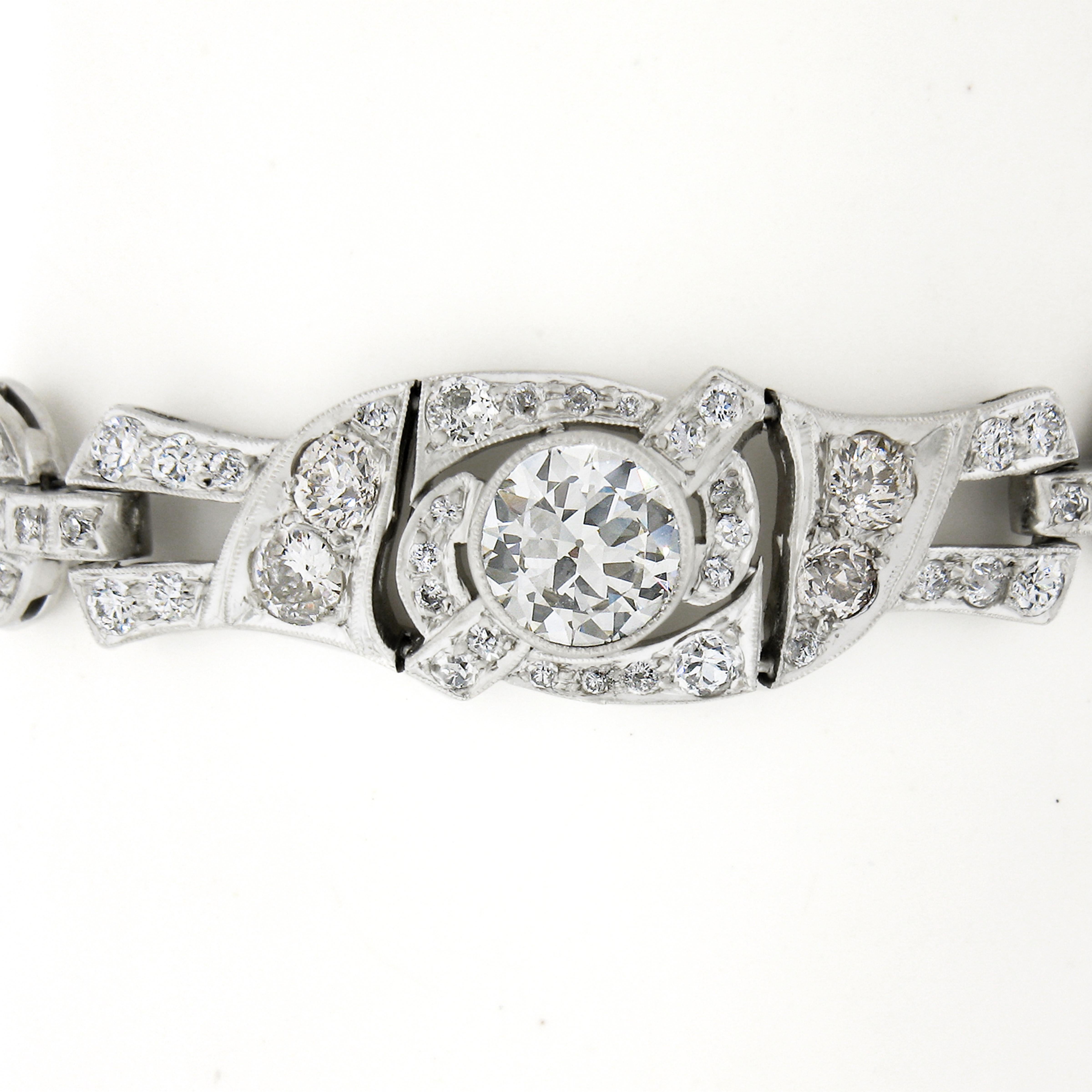 Women's Antique Art Deco Platinum 5.54ctw GIA European Diamond Fancy Link Belly Bracelet For Sale