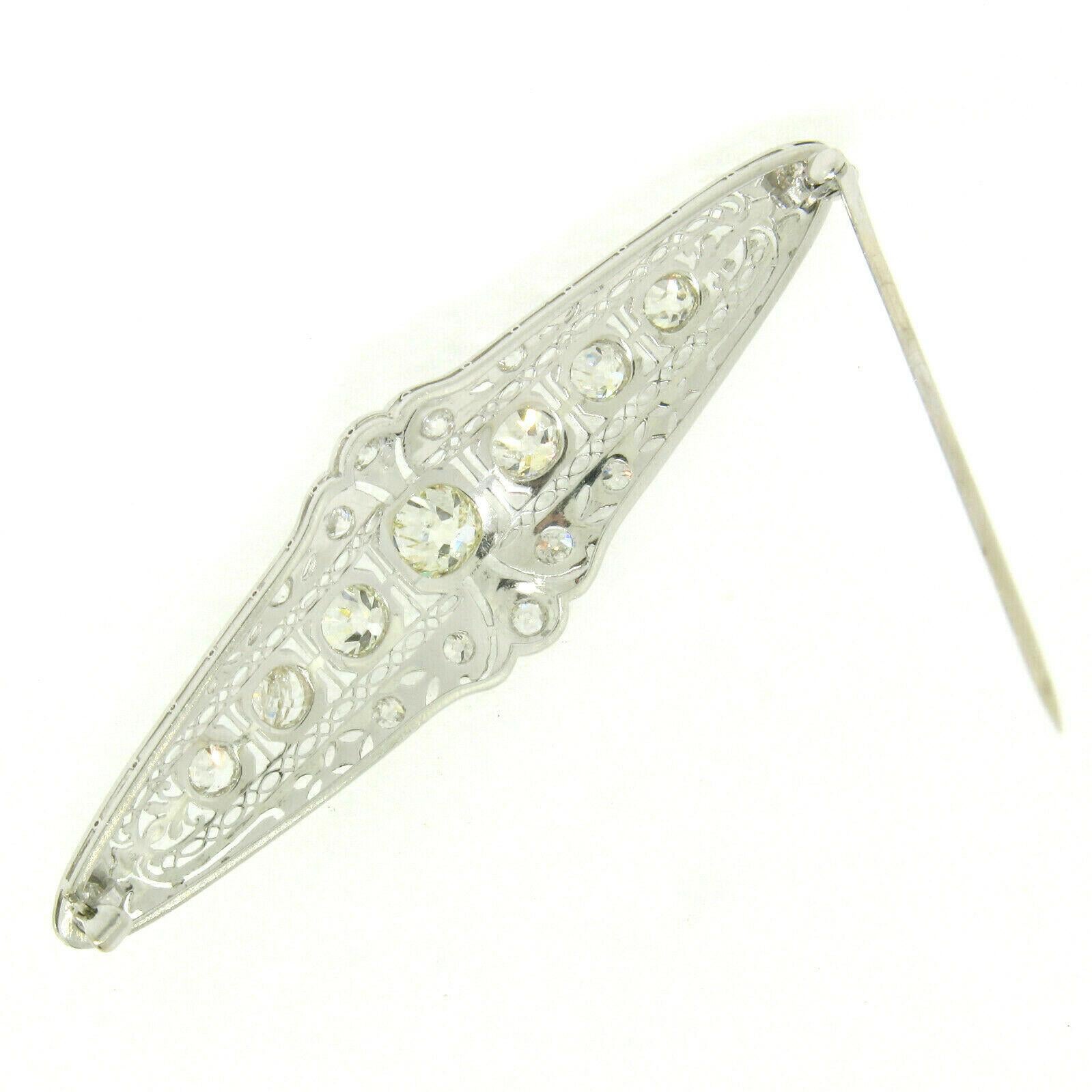 Art Deco Platinum 6.0 Carat Old Euro and Mine Cut Diamond Filigree Brooch Pin For Sale 5