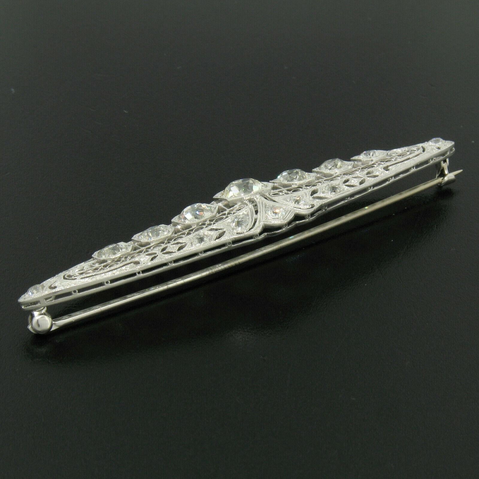 Art Deco Platinum 6.0 Carat Old Euro and Mine Cut Diamond Filigree Brooch Pin For Sale 6