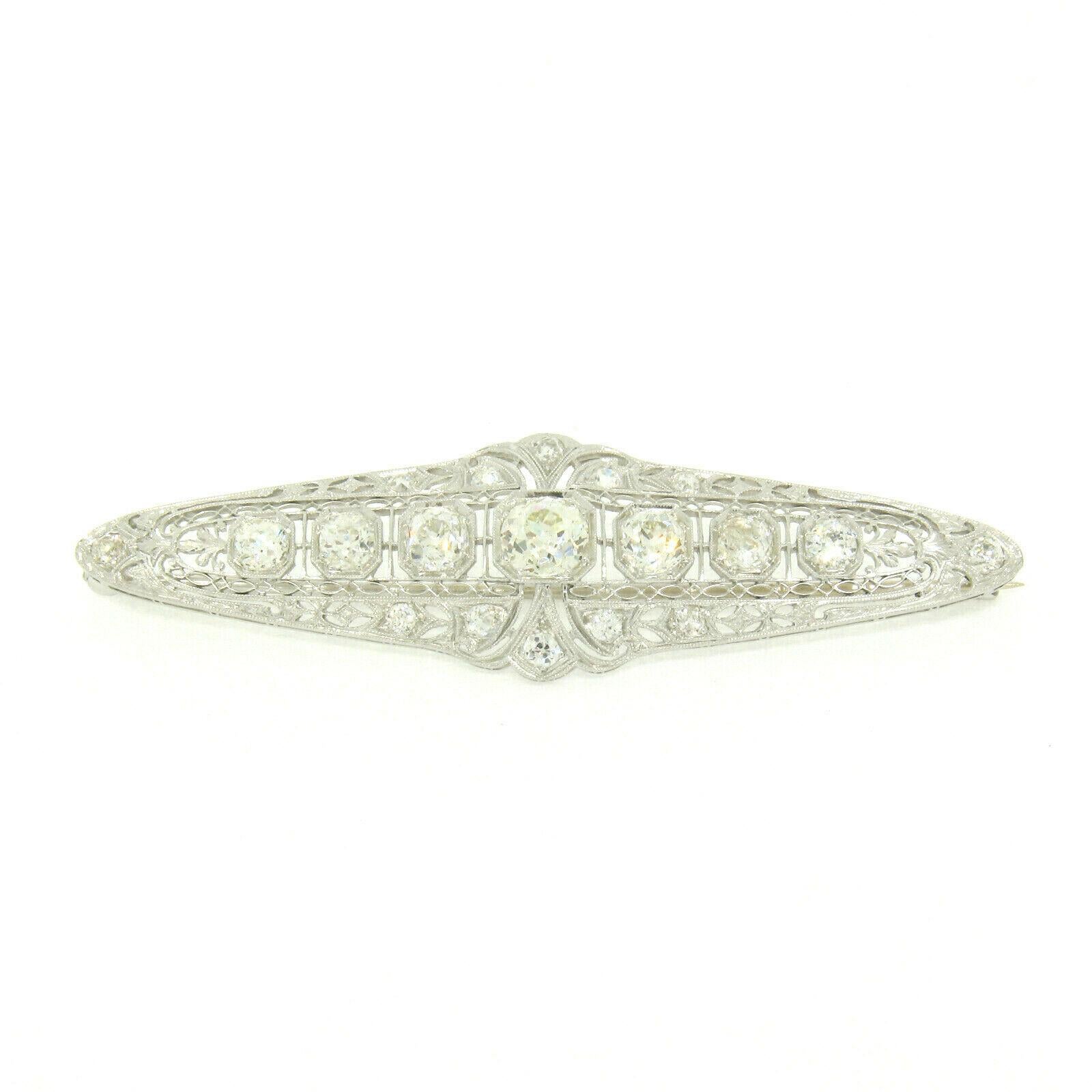 Art Deco Platinum 6.0 Carat Old Euro and Mine Cut Diamond Filigree Brooch Pin In Excellent Condition For Sale In Montclair, NJ