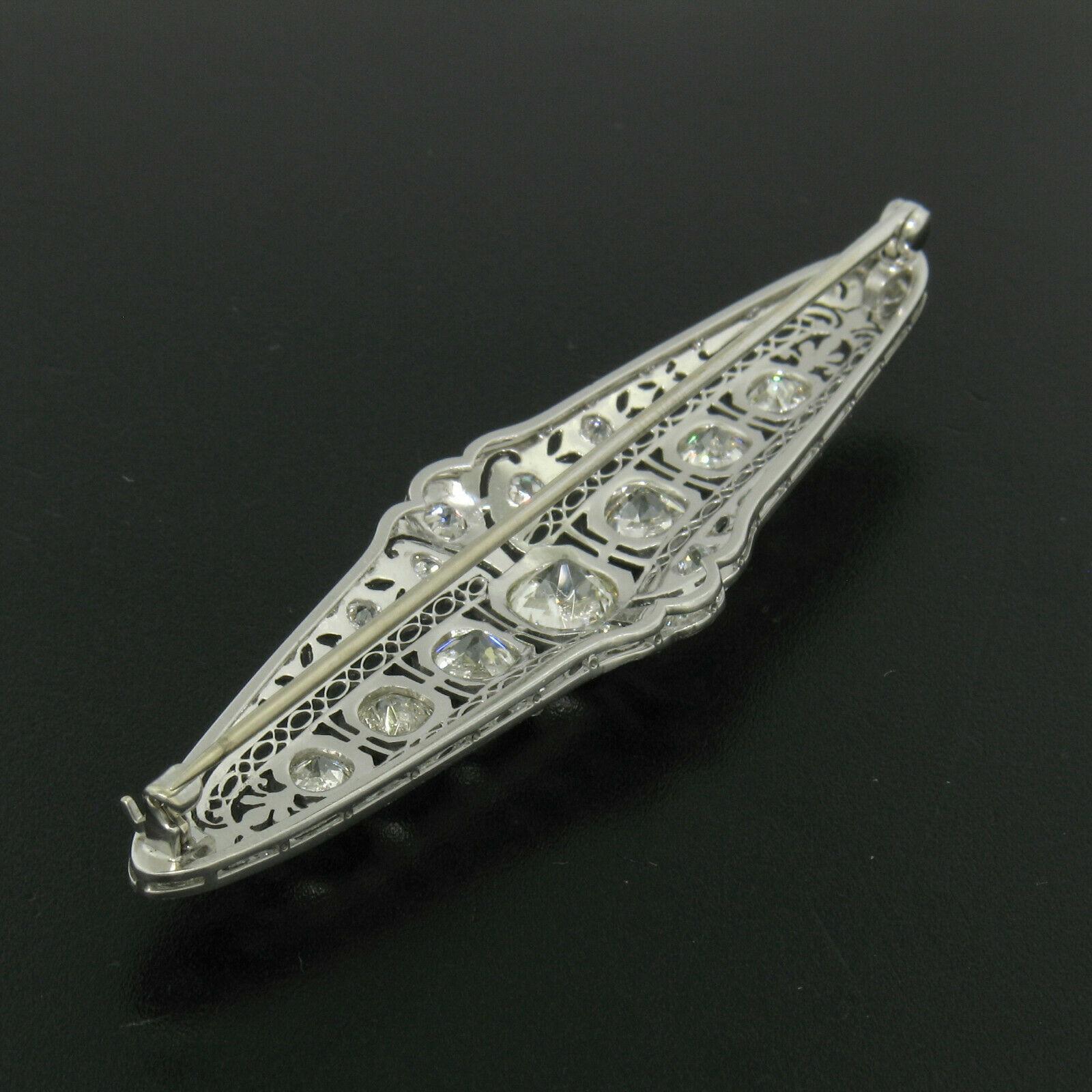 Art Deco Platinum 6.0 Carat Old Euro and Mine Cut Diamond Filigree Brooch Pin For Sale 3