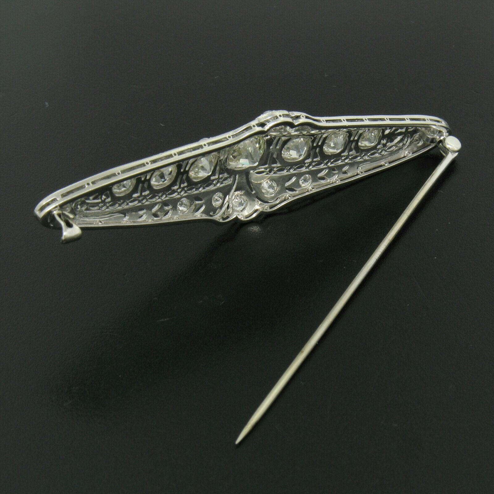 Art Deco Platinum 6.0 Carat Old Euro and Mine Cut Diamond Filigree Brooch Pin For Sale 4