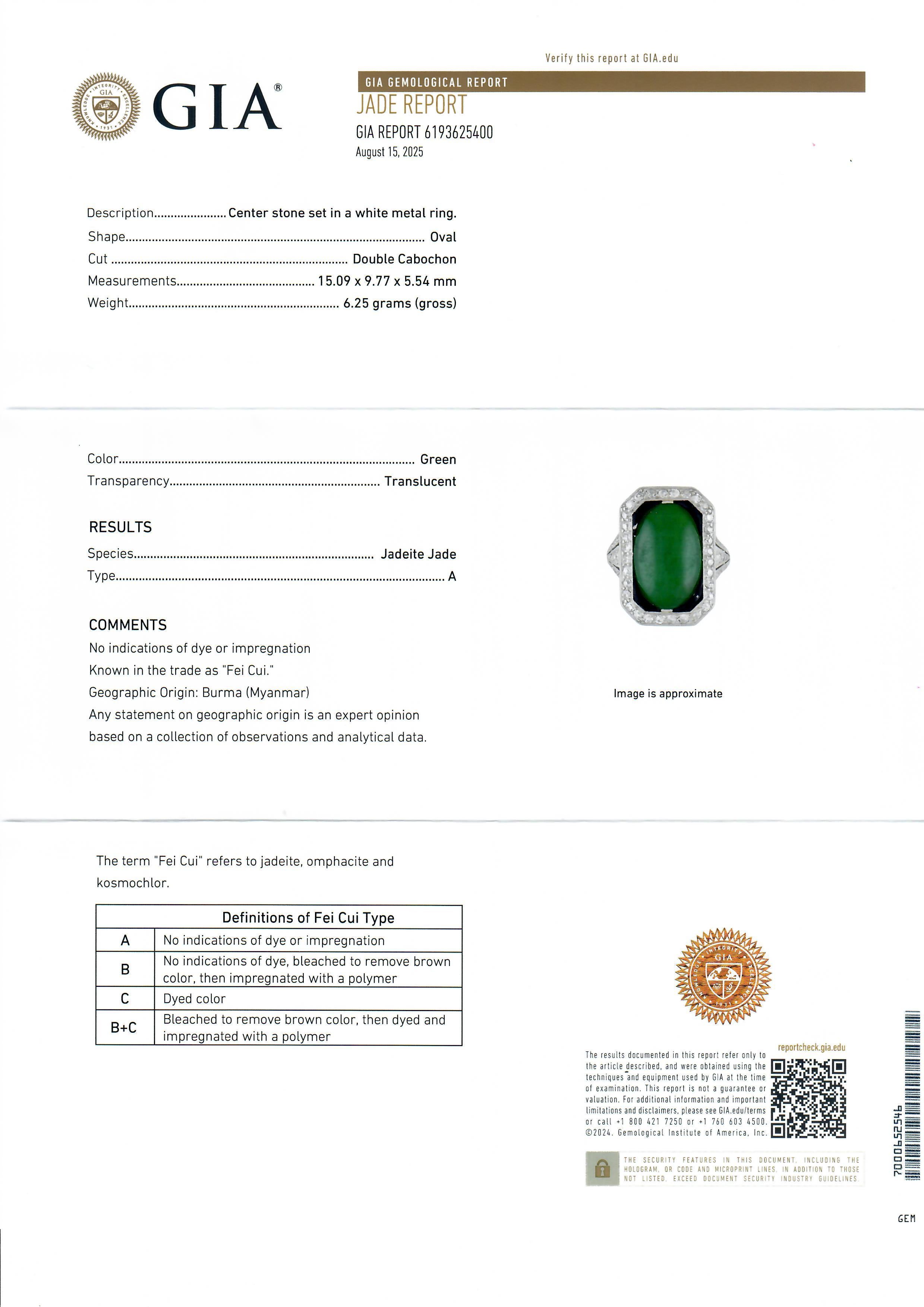 Antique Art Deco Platinum 7.80ctw GIA Burma Jade & Diamond Black Enamel Ring For Sale 5