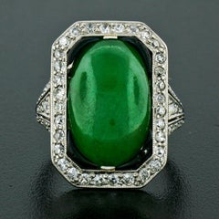 Anello antico Art Deco in platino con giada naturale e diamanti GIA da 7,80ctw e smalto nero