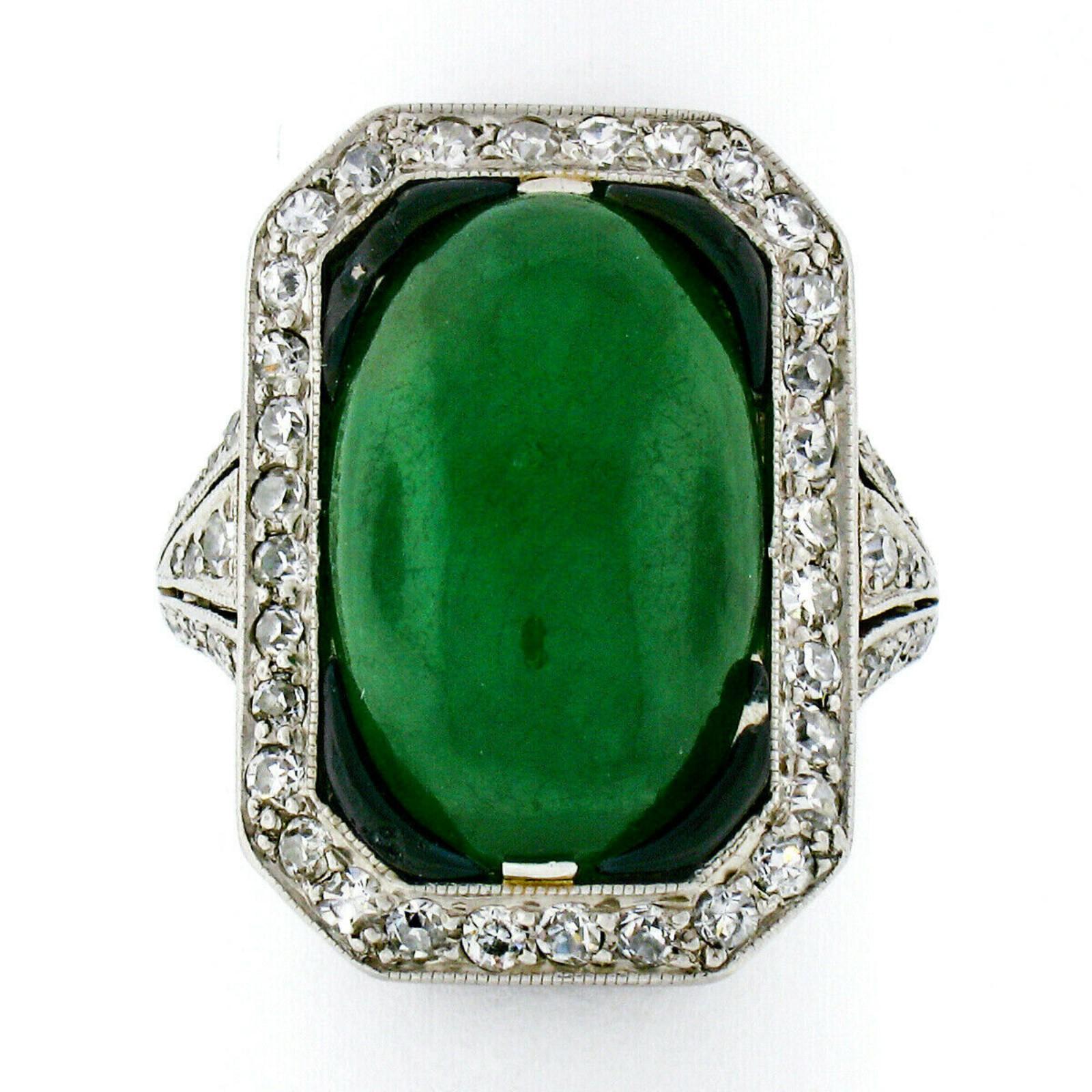 Cabochon Antique Art Deco Platinum 7.80ctw GIA Natural Jade & Diamond Black Enamel Ring For Sale