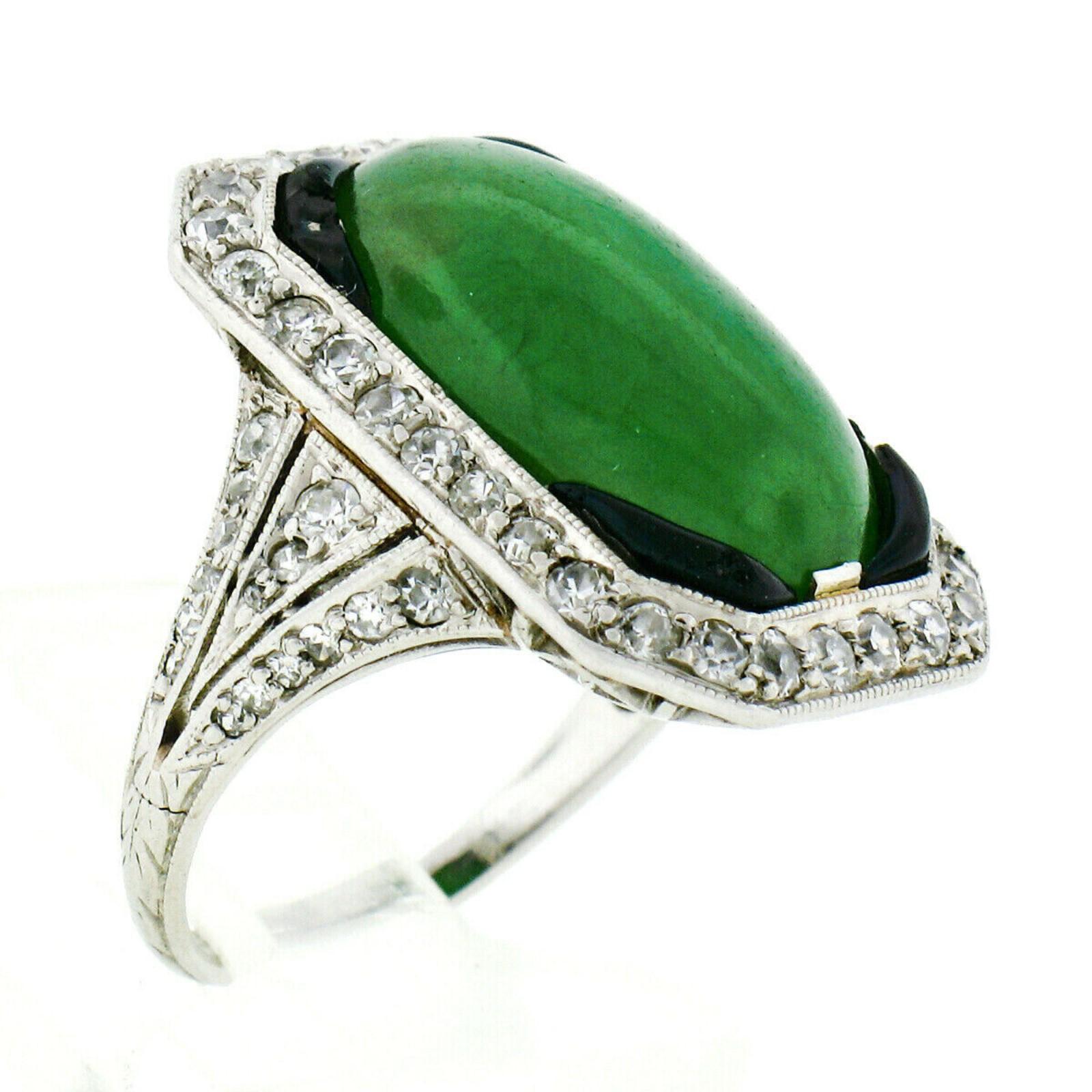 Antique Art Deco Platinum 7.80ctw GIA Natural Jade & Diamond Black Enamel Ring In Fair Condition For Sale In Montclair, NJ