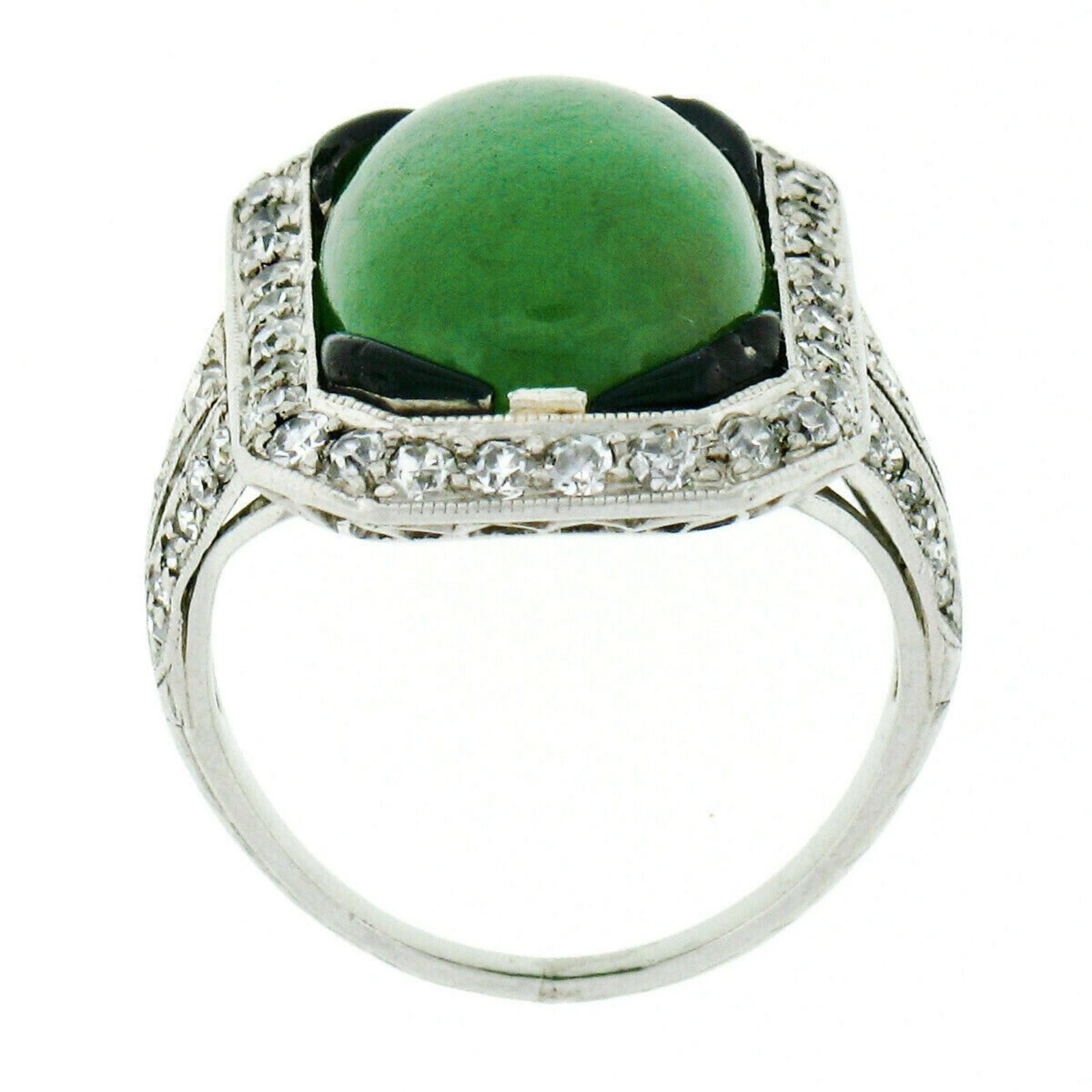 Women's Antique Art Deco Platinum 7.80ctw GIA Natural Jade & Diamond Black Enamel Ring For Sale