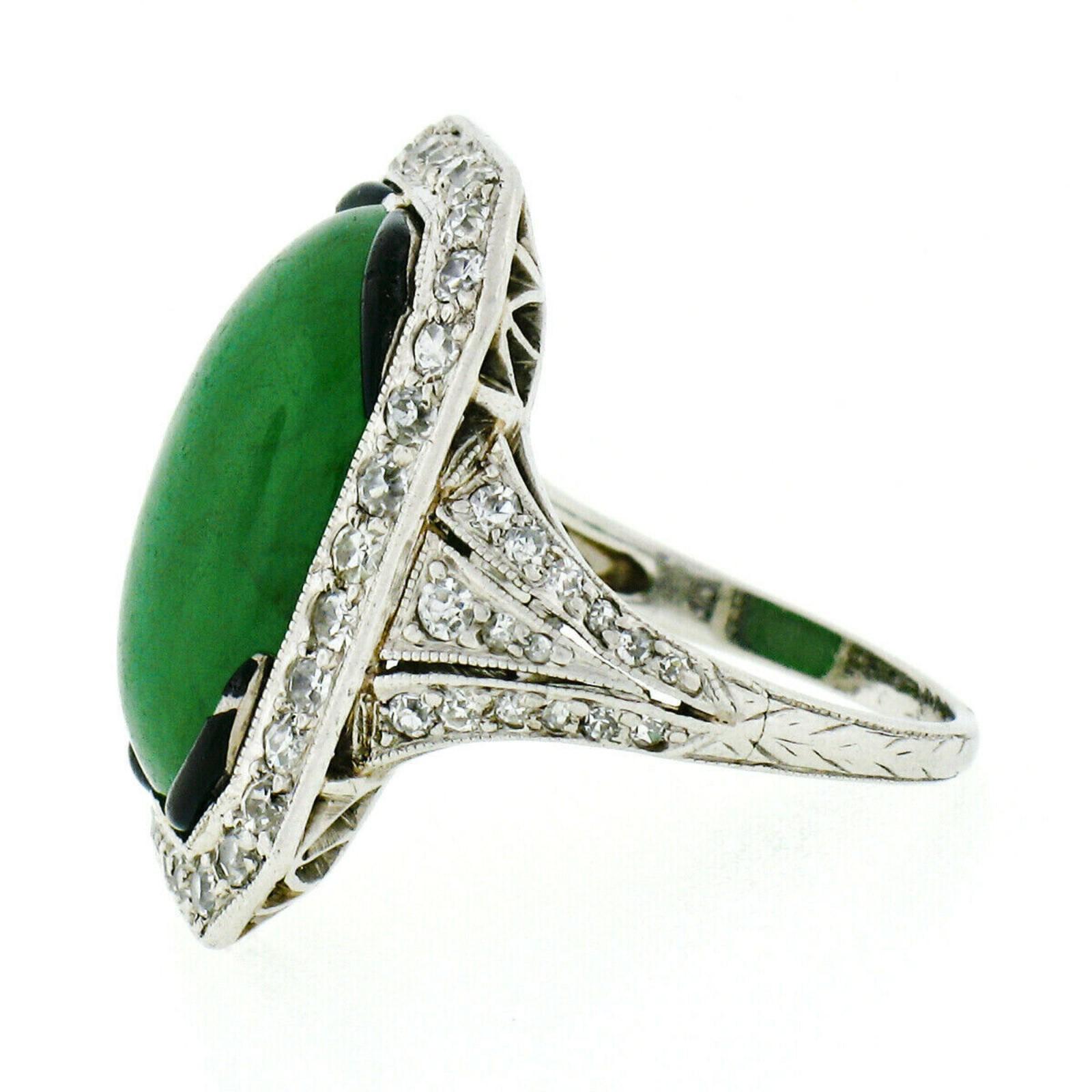 Antique Art Deco Platinum 7.80ctw GIA Natural Jade & Diamond Black Enamel Ring For Sale 1