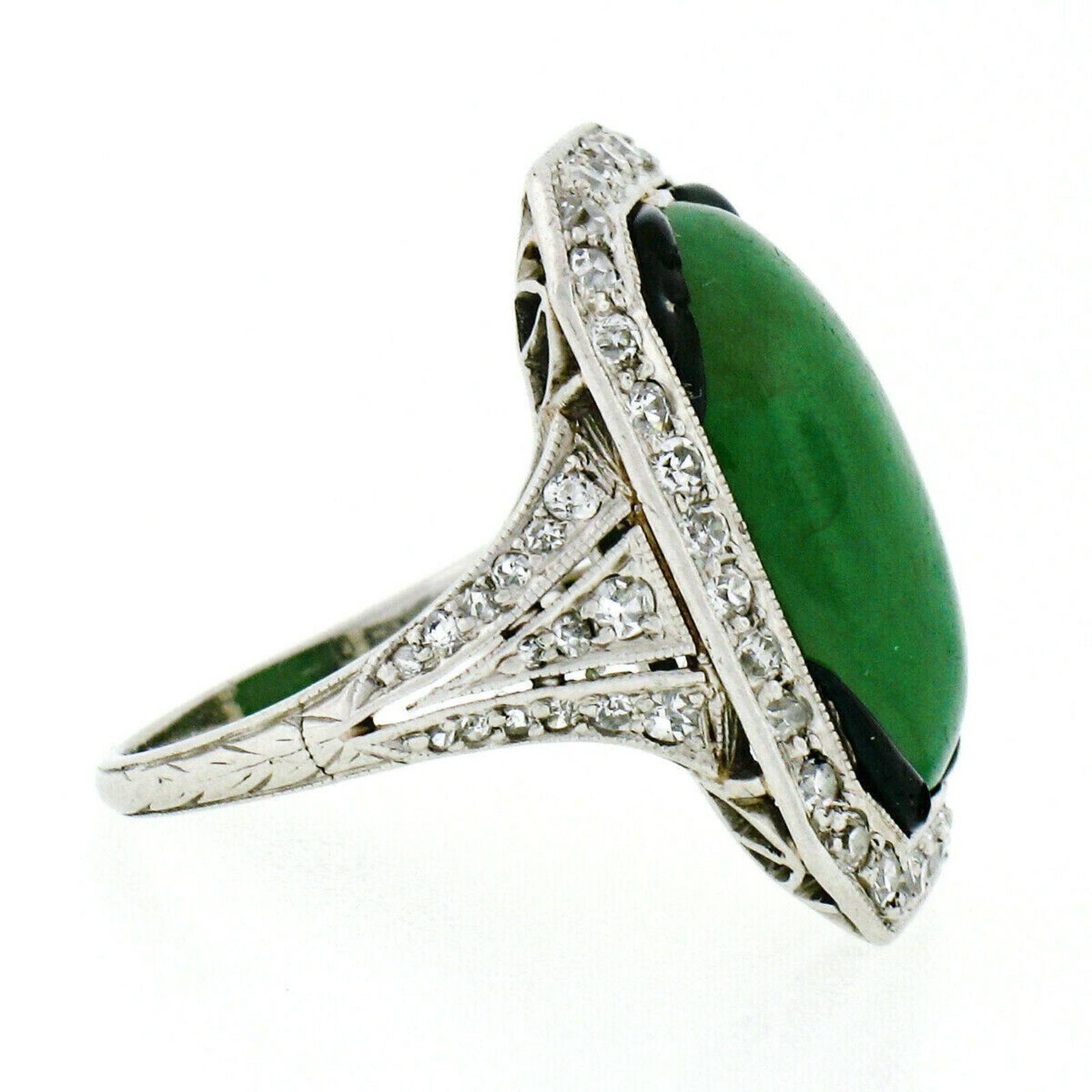 Antique Art Deco Platinum 7.80ctw GIA Natural Jade & Diamond Black Enamel Ring For Sale 2