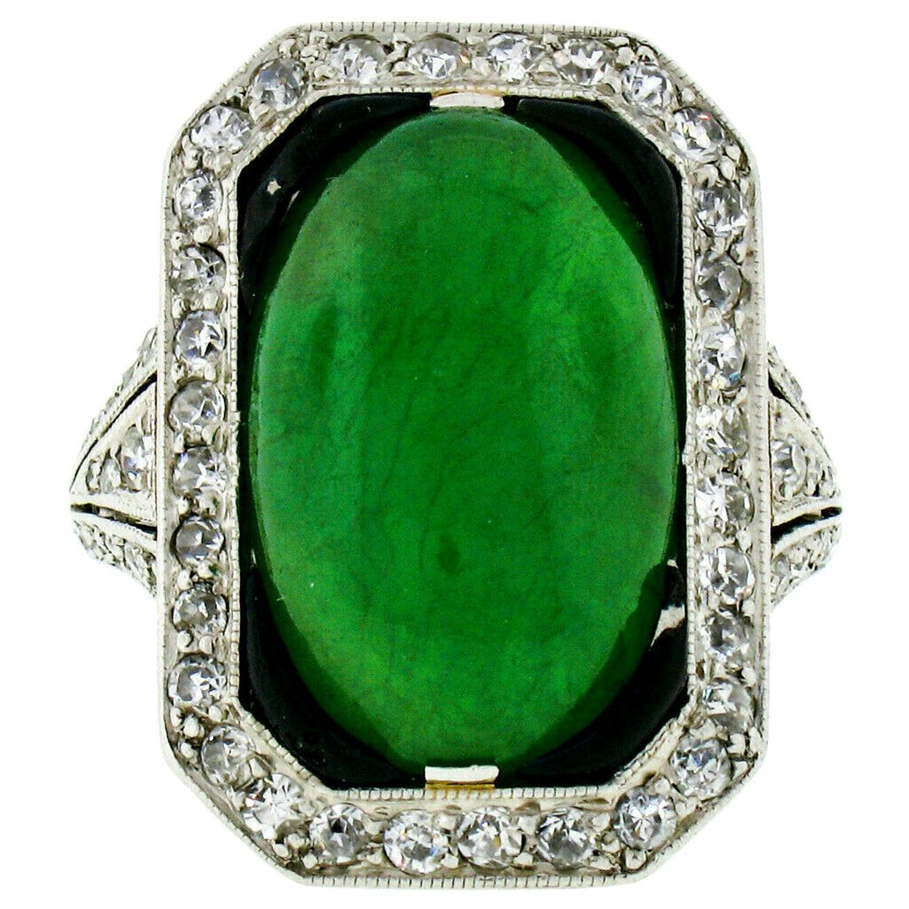 Antique Art Deco Platinum 7.80ctw GIA Natural Jade & Diamond Black Enamel Ring For Sale