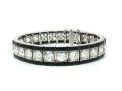 Antiguo Art Decó Platino Diamante talla antigua 8ctw Ónice negro grabado Pulsera de líneas
