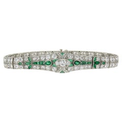 Antique Art Deco Platinum 9.5ctw Old European Diamond & Emerald Flower Bracelet