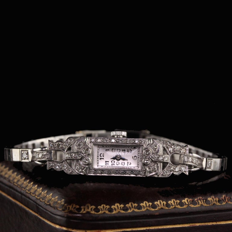 Old European Cut Antique Art Deco Platinum and 14 Karat White Gold Diamond Watch For Sale