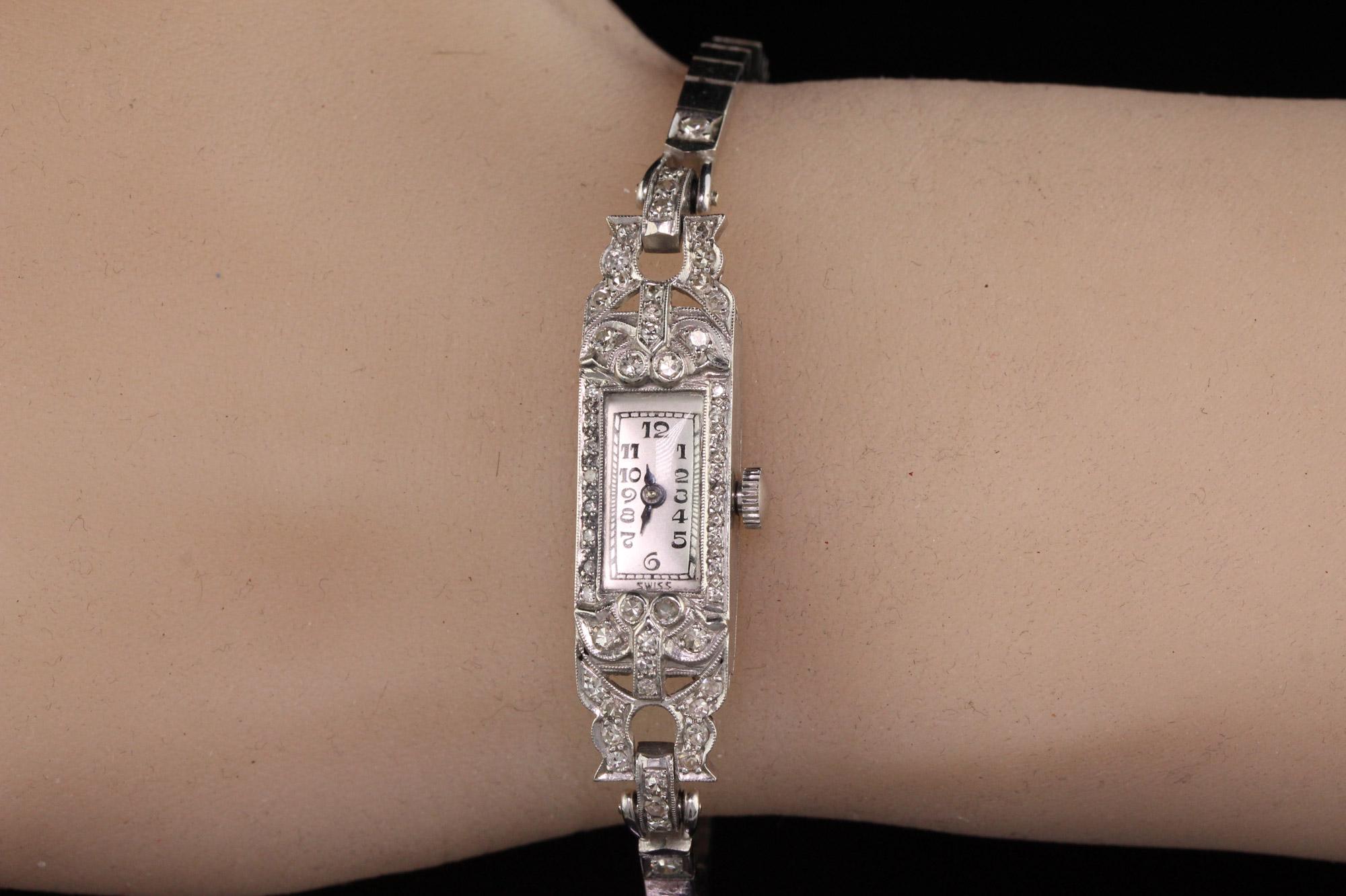 Antique Art Deco Platinum and 14 Karat White Gold Diamond Watch In Good Condition For Sale In Great Neck, NY