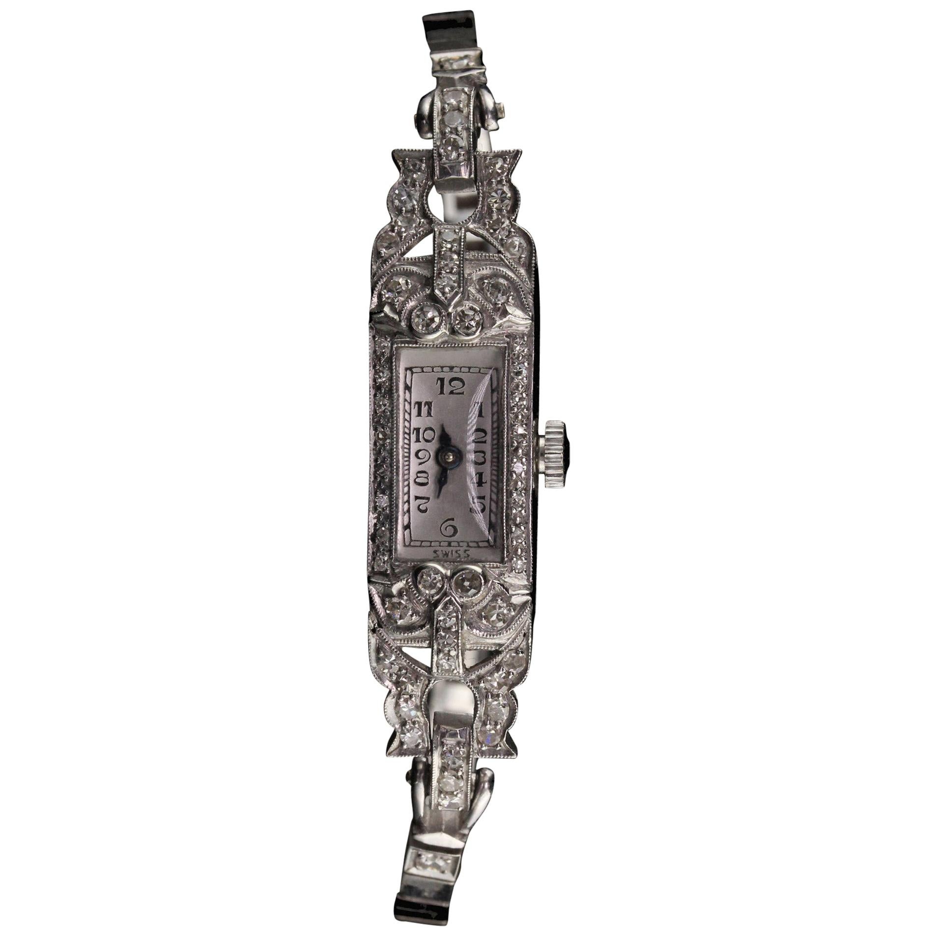 Antiguo reloj Art Déco de platino y diamantes de oro blanco de 14 quilates en venta